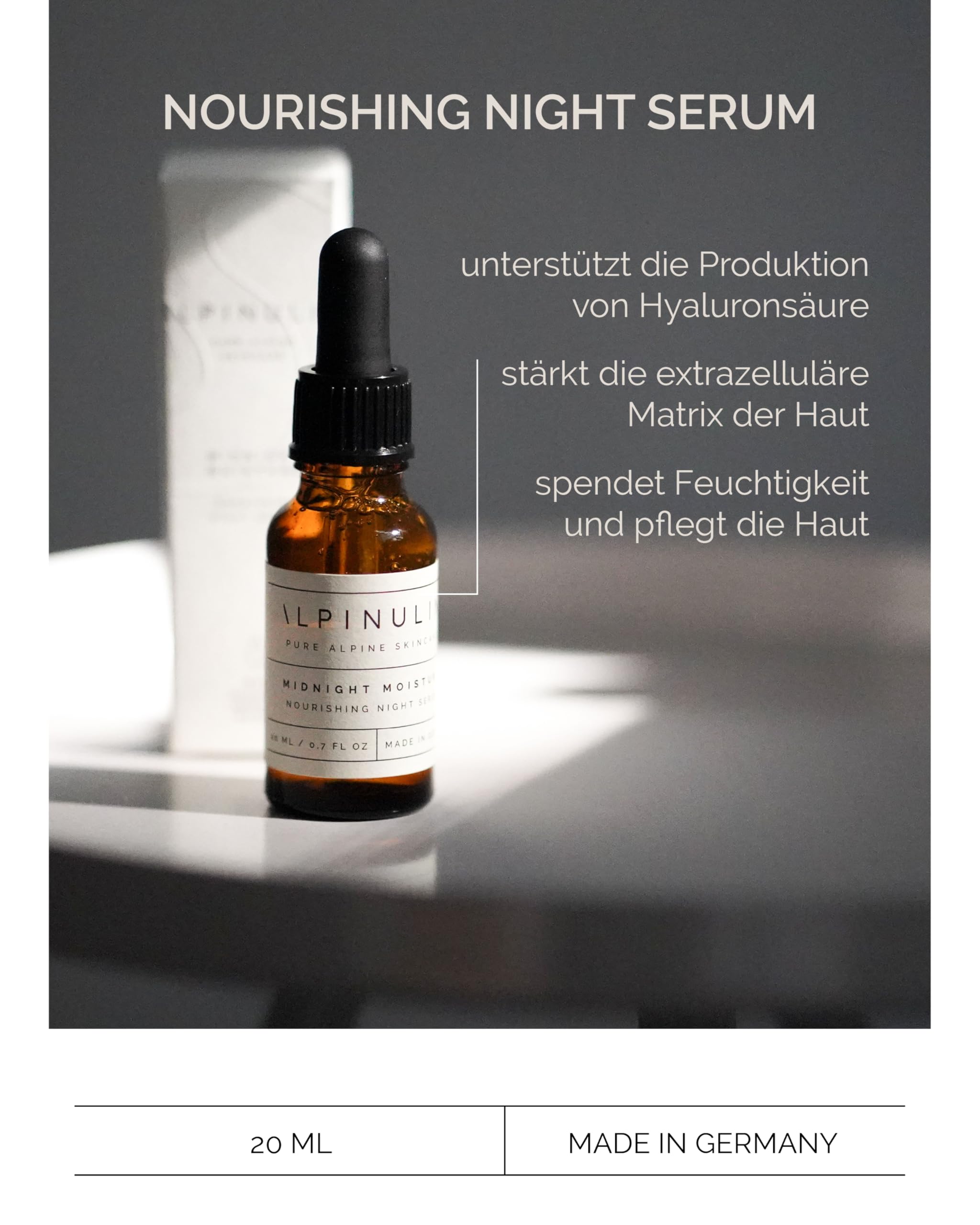 ALPINULIN MIDNIGHT MOISTURE NOURISHING NIGHT SERUM 20ml Vegan - Skincare Serum, Nachtpflege mit alpinen Wirkstoffen, Antioxidative Anti Aging Gesichtspflege