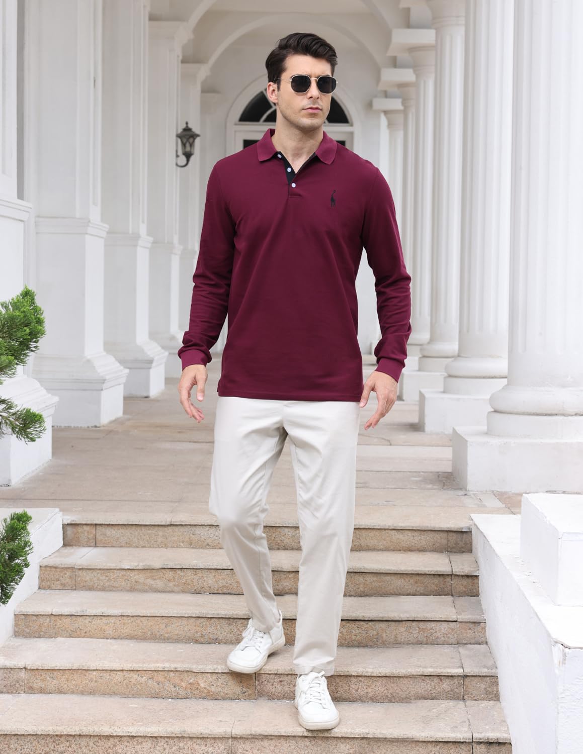 KUNJLELP 100% Cotone Polo da Uomo Manica Lunga Ricamo di Giraffa Maglietta Uniformi Polo da Lavoro per l'autunno e l'inverno