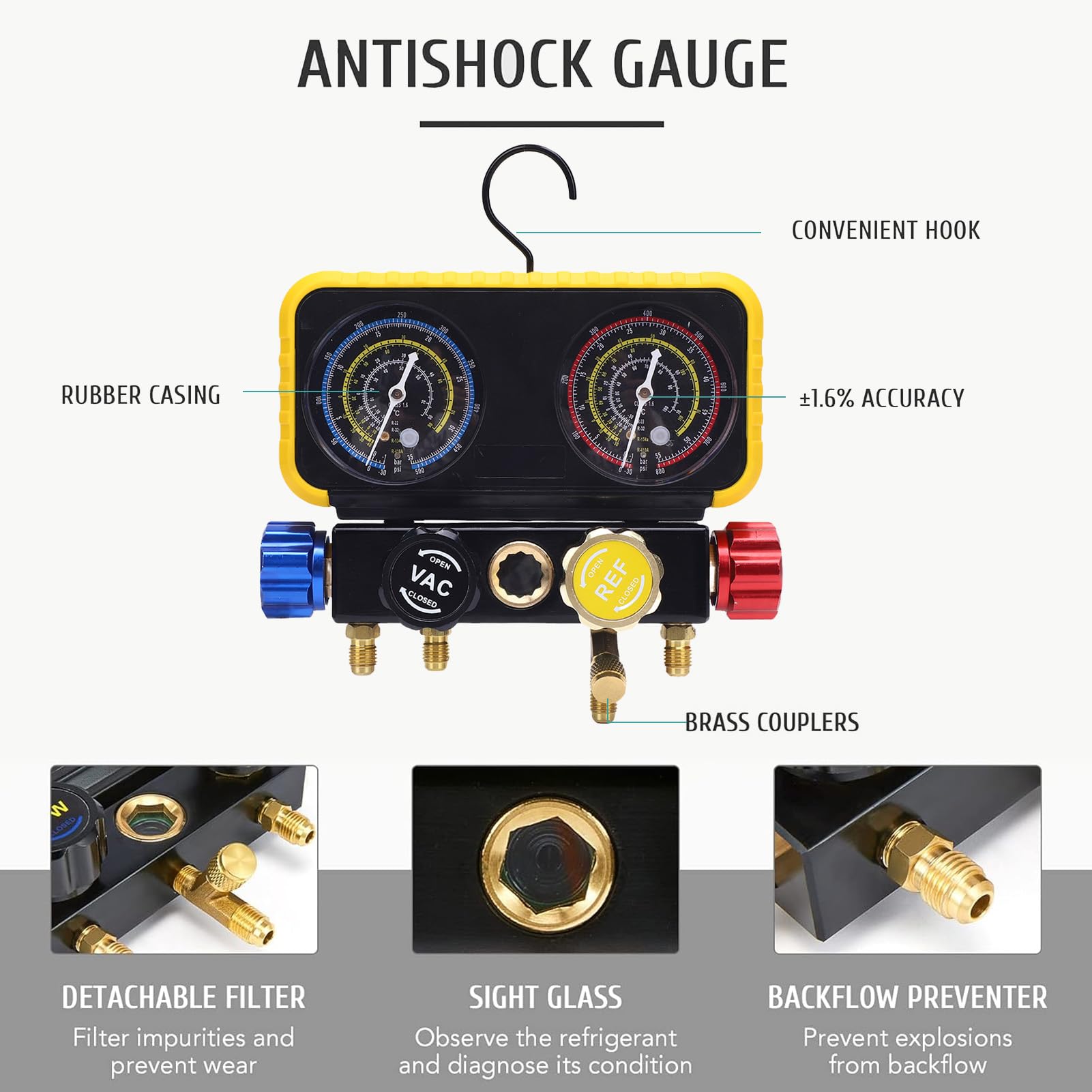 Set di Collettori HVAC a 4 Vie, Letture Accurate per Refrigeranti R32 R32 R134A R22, con Valvole R410A Meter e di Sicurezza per Uso Professionale e Domestico