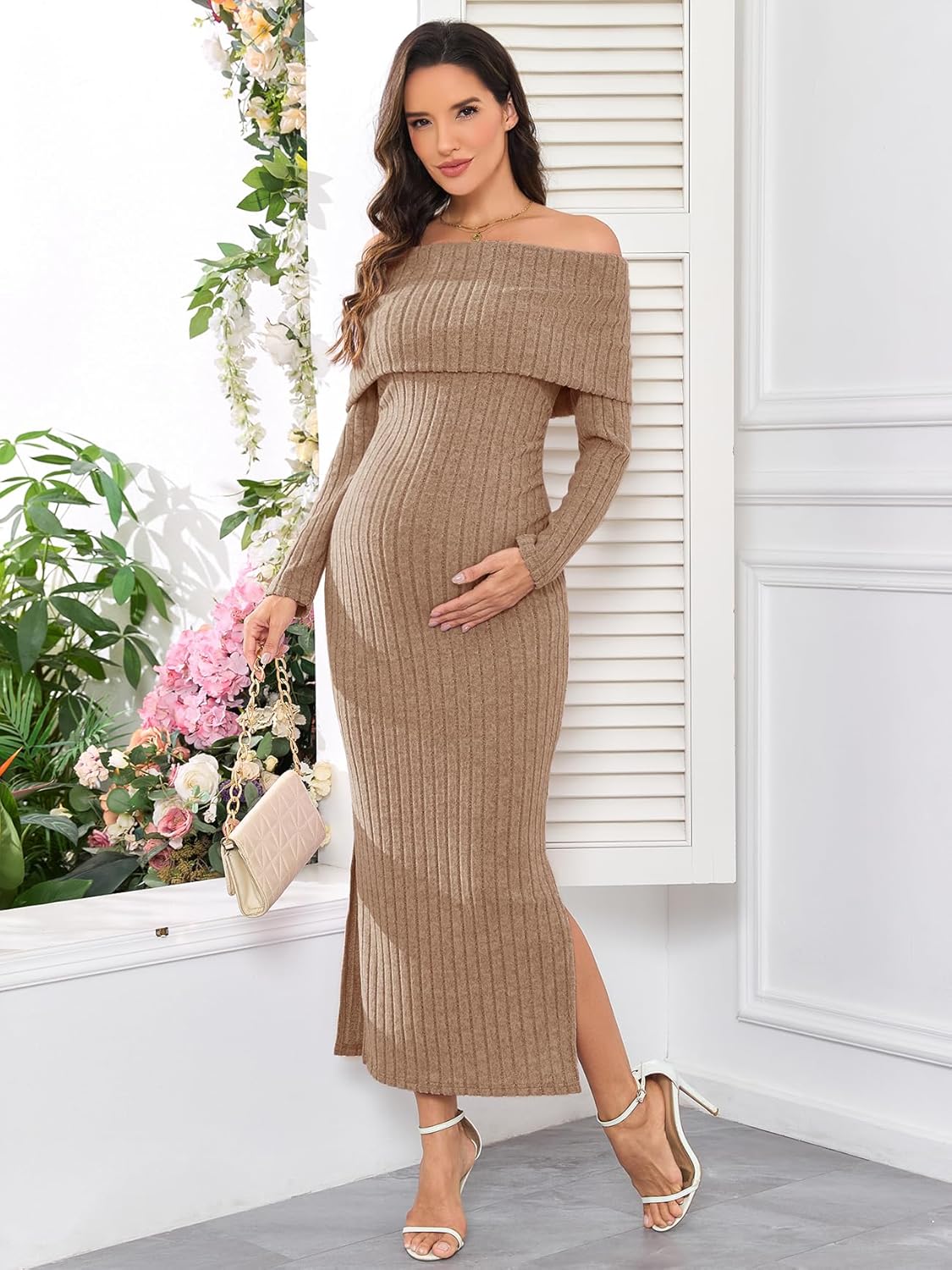 CYCLAMEN Off-Shoulder Maternity Sweater Dress Rib Knit Long Sleeve Dresses with Side Slit Pregnancy Clothes Baby Shower - Image 6