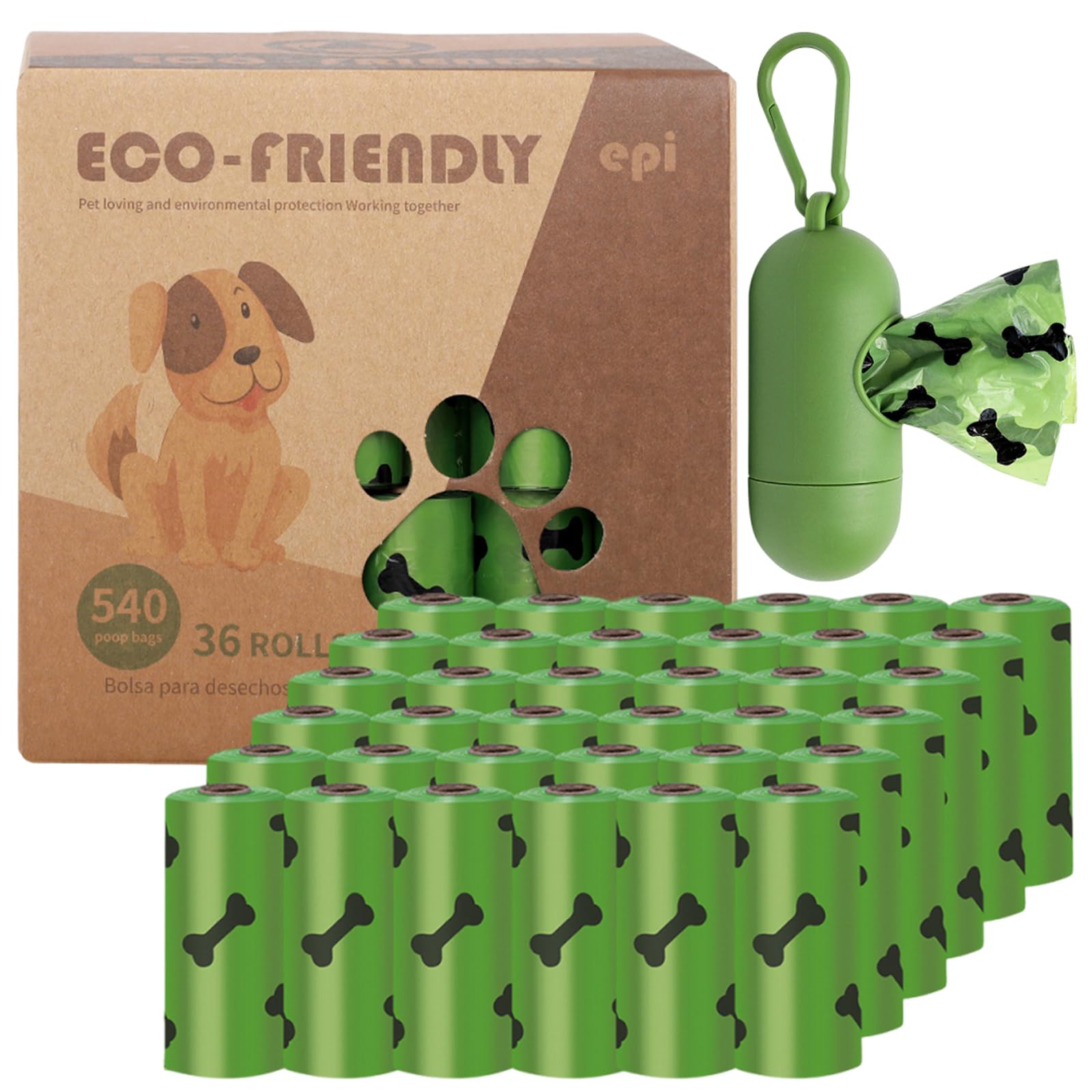 Hao Zhu 540 Pcs Biodegradable Dog Poop Bags, Scented, Compostable, Extra Thick Dog Waste Bags with Dispenser, Bone Pattern Green for Dogs Cats Outdoor Walks
