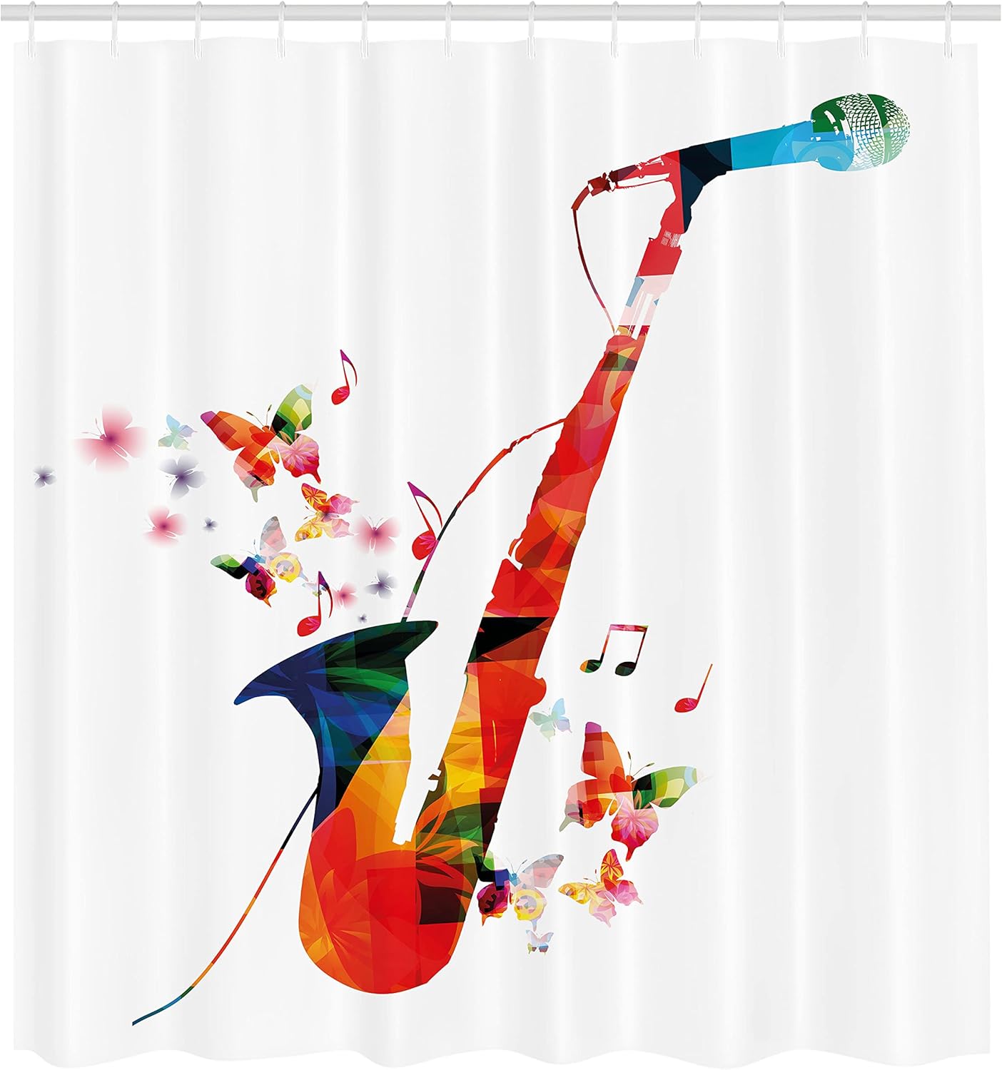 Ambesonne Music Shower Curtain, Jazz Theme Colorful Saxophone with Microphone with Butterfly Orchestra Harmony Design, Cloth Fabric Bathroom Decor Set with Hooks, 69" W x 84" L, Multicolor White