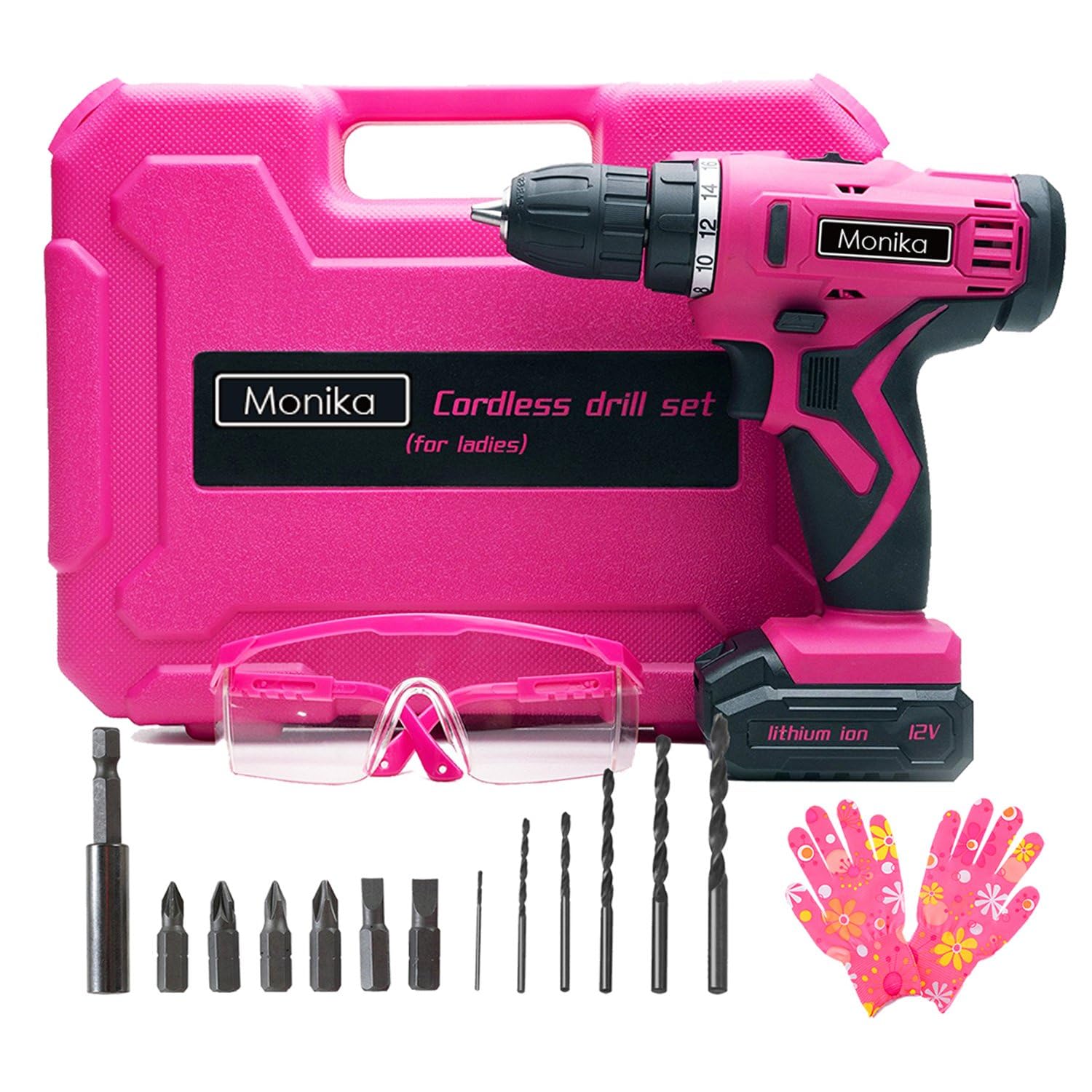 Monika Juego de brocas inalámbricas de litio rosa de 12 V, juego de brocas de tornillo, 18+1 ajuste de par, luz LED, taladro eléctrico para el hogar, oficina, bricolaje y perforación de pared, madera