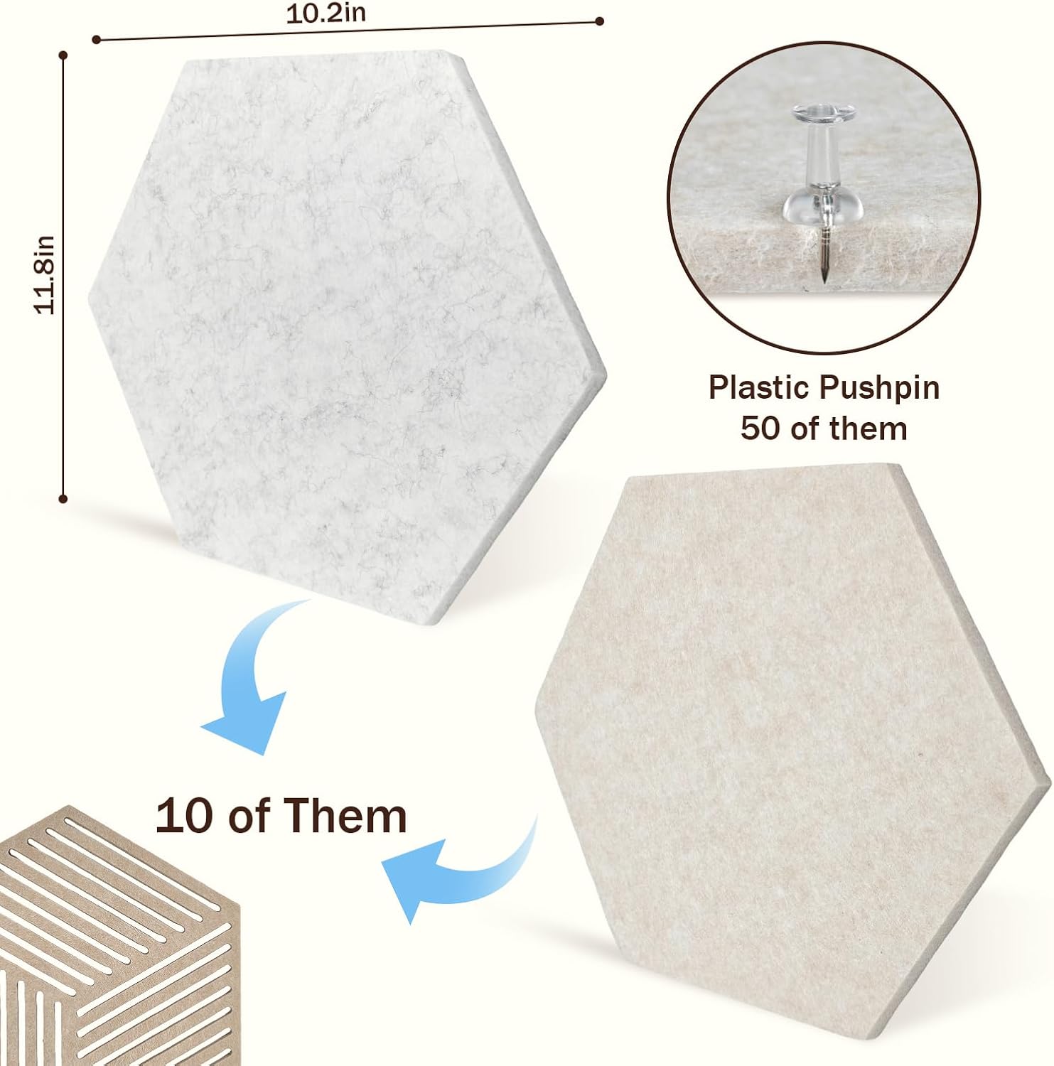 Hexagon Felt Bulletin Board Tiles 10 Pack with Adhesive, Wall Pin Board for Home Office Decor