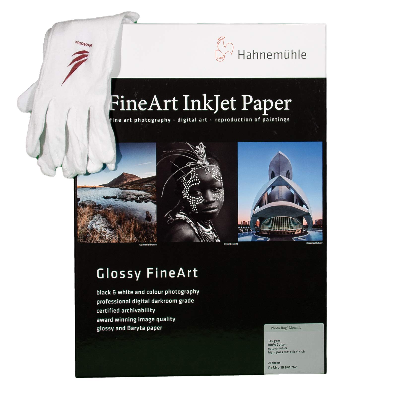Profi-set: Hahnemühle Photo Rag Metallic 340 g/m² in A3-25 Blatt FineArt Fotopapier im Set mit Baumwollhandschuhe