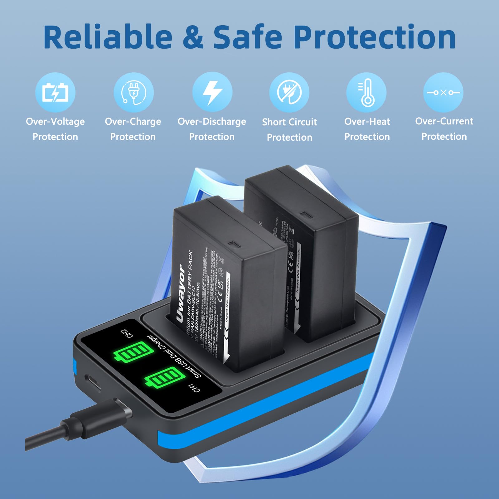 DMW-BLC12 DMW-BLC12PP Battery 2 Pack and Charger for Panasonic Lumix G7, G85, G95, FZ1000, FZ1000 II, GH2, G5, G6, GX8, FZ200, FZ300, FZ2500 Camera