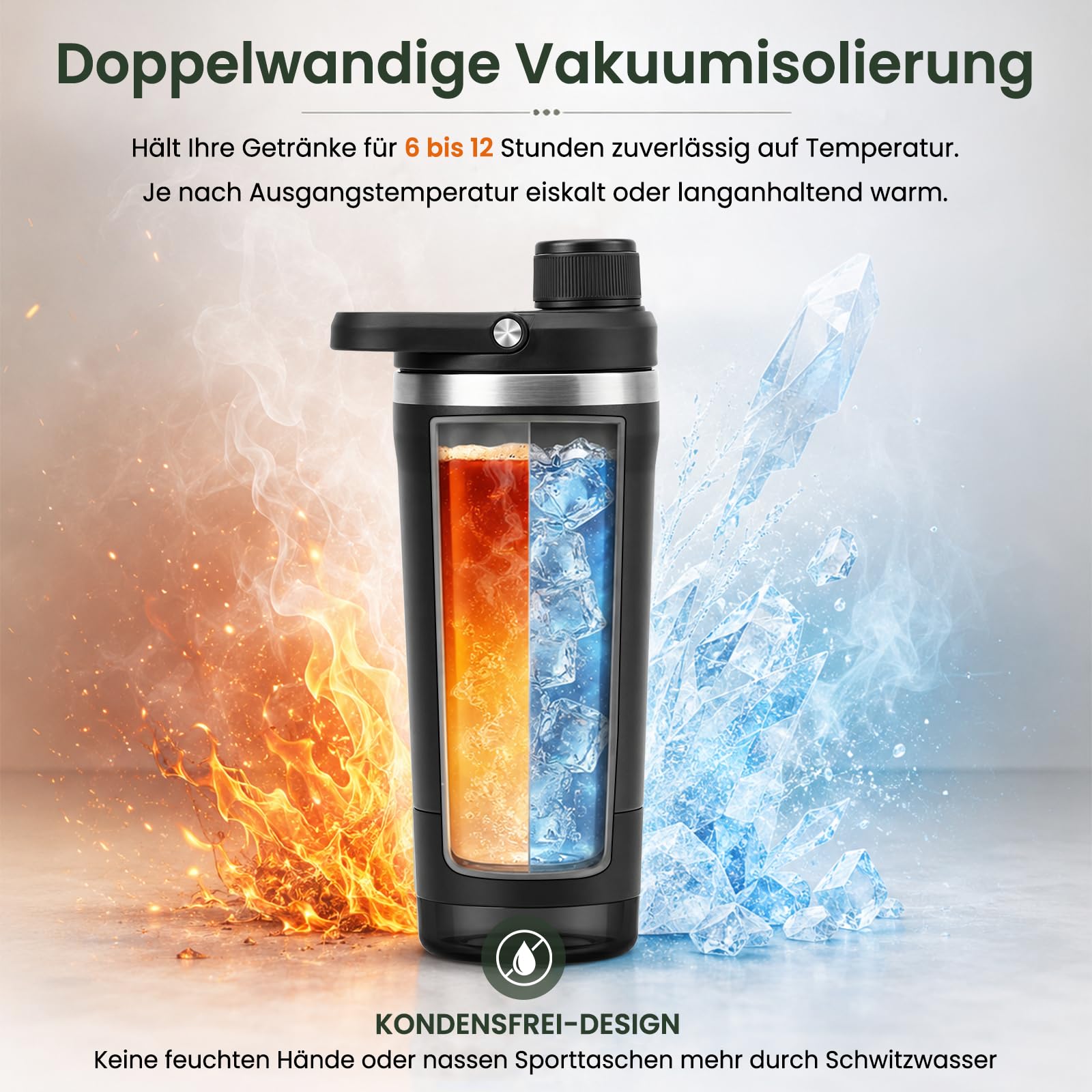 Shaker Edelstahl 700ml, Edelstahl Shaker Doppelwandig mit Pulverfach, Proteinshaker mit Innenskalierung für eisgekühlte Proteinshakes, Klumpenfrei, Auslaufsicher für Freizeit und Sport, BPA-Frei