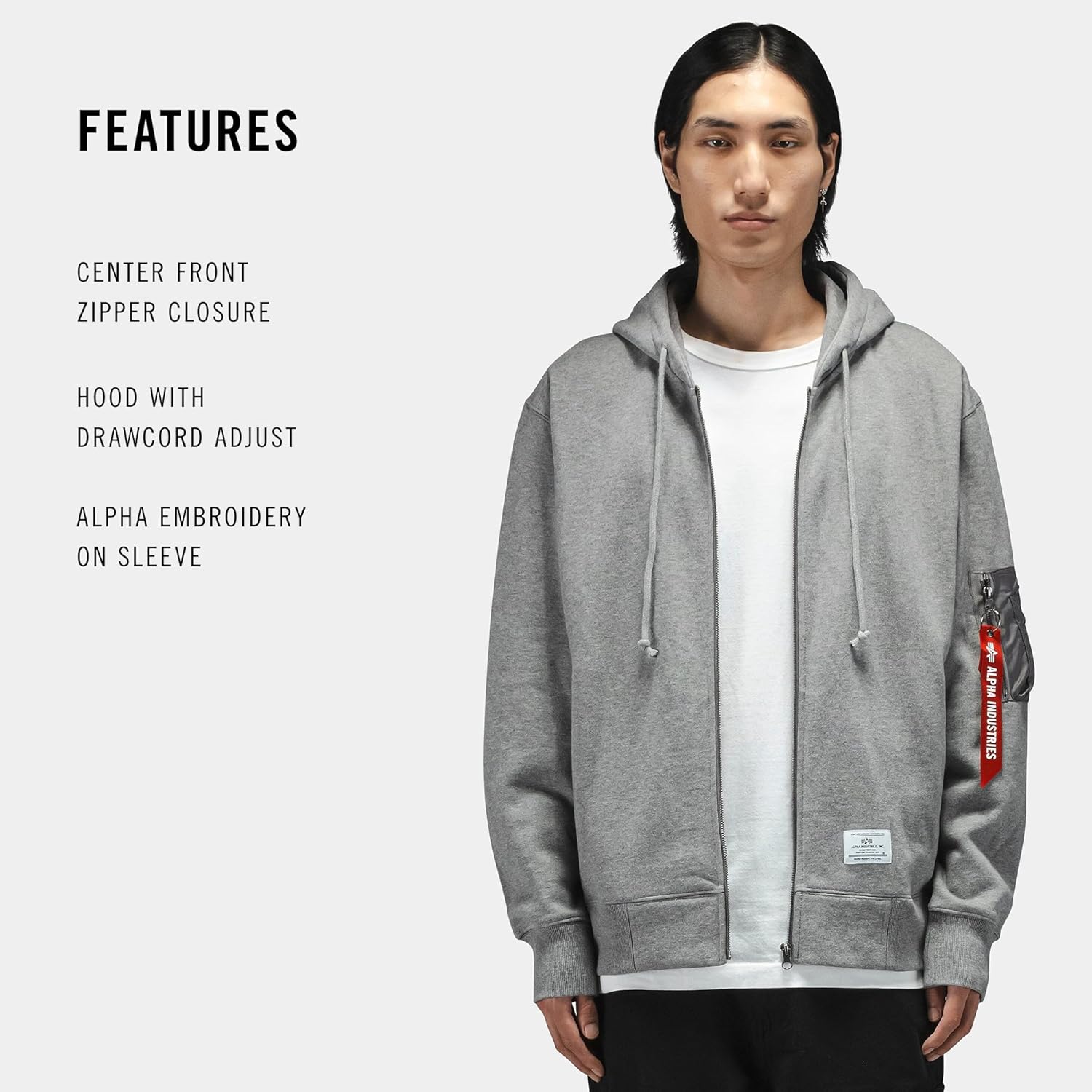 Alpha Industries Utility Pocket Full Zip Up Hoodie Drawcord Adjustable Hood and Utility Sleeve Pocket Alpha Red Ribbon