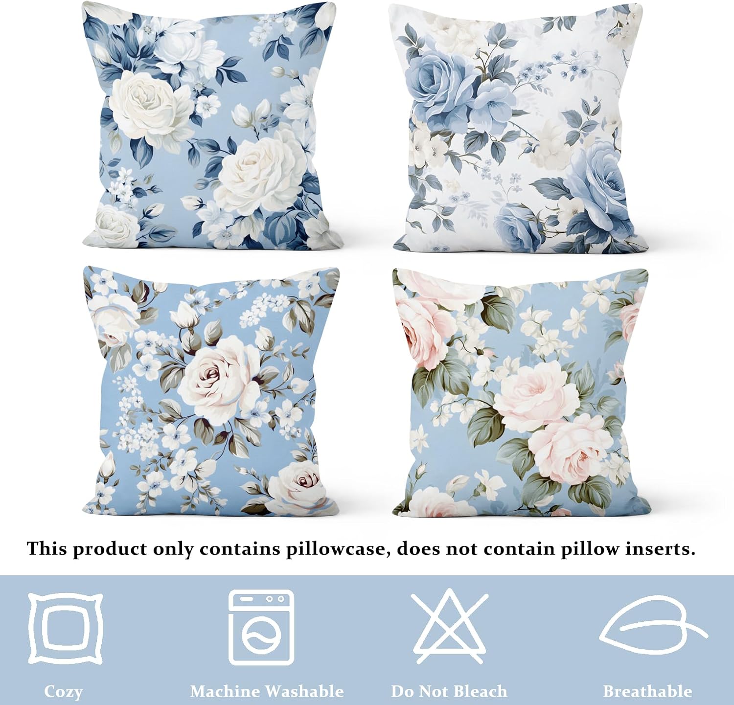Blue Floral Throw Pillow Covers, Light Blue Flower Decorative Velvet Pillow case, Vintage Floral Pattern 4-Pack Double-Side Printed Pillowcases for Sofa Home Living Room, 18x18 in image 3