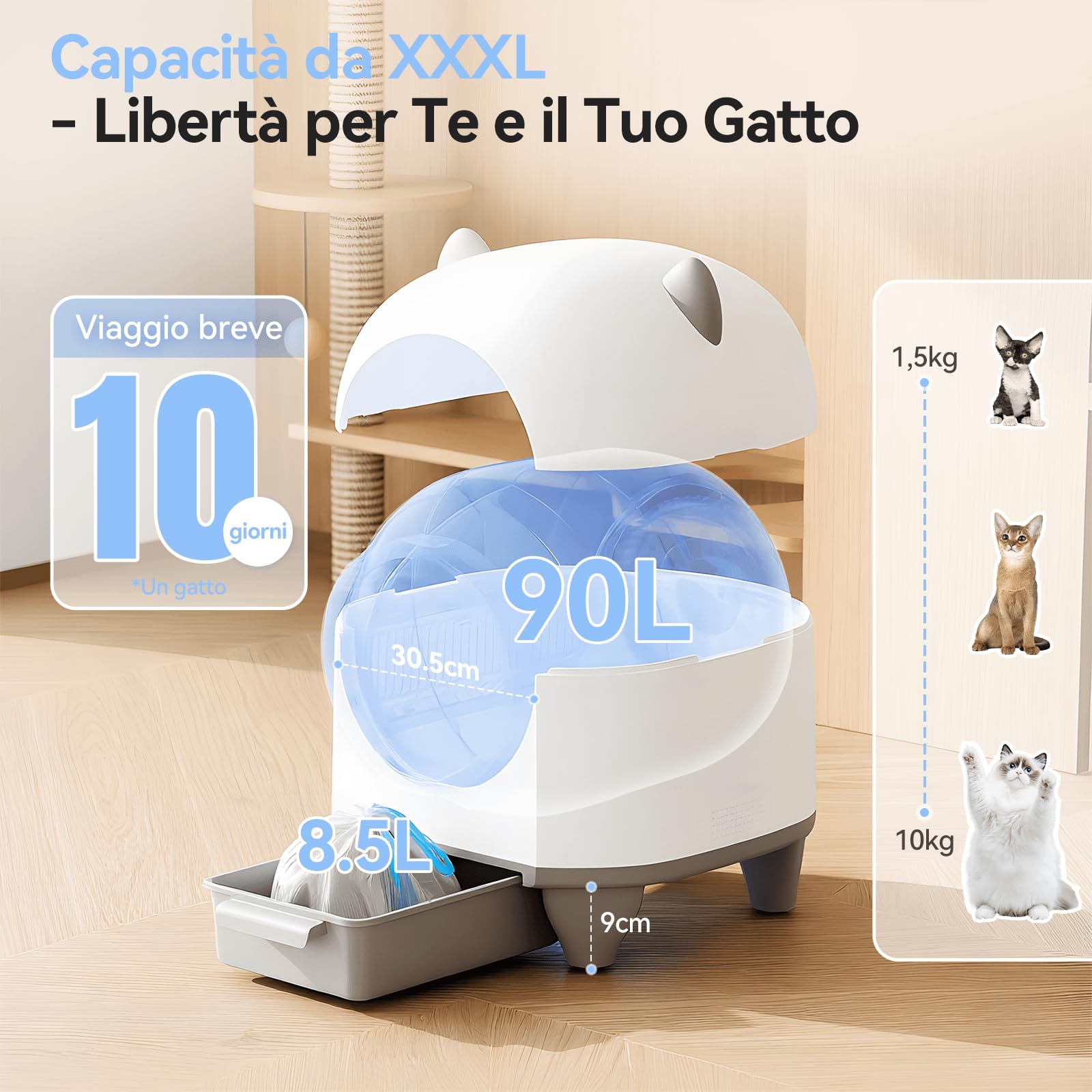 JUMMICO 90L XXL Lettiera Autopulente per Gatti, Intelligente con Controllo tramite App, Sicurezza Antipizzicamento, Monitoraggio della Salute, Doppia Deodorizzazione, Tappetino e Profumo Inclusi, Per