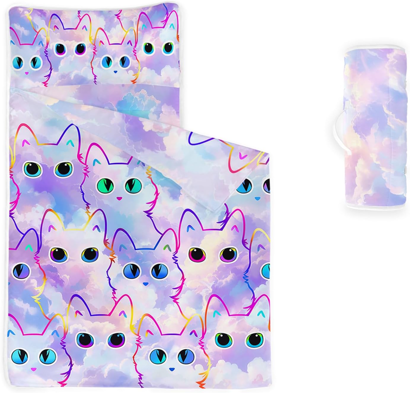 Axolotl Kawaii Cat Nap Mat with Pillow and Blanket, Cartoon Cat Napping Mat for Traveling, Neon Cats Portable Sleeping Bag for Teens, Roll Up Slumber Bag, Travel Camping, 50" L*21" W