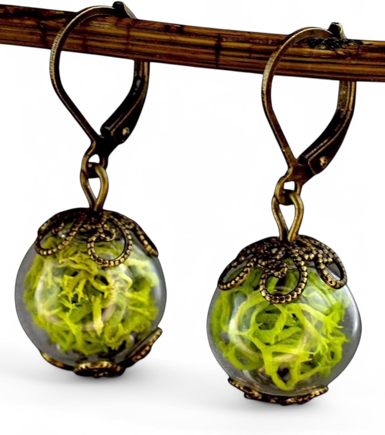 MadamLili - Real Moss Earrings Set - Bronze Jewelry Vintage Style - Botanical Forest Plant Green Dangle Drops - Handmade - Gift Box