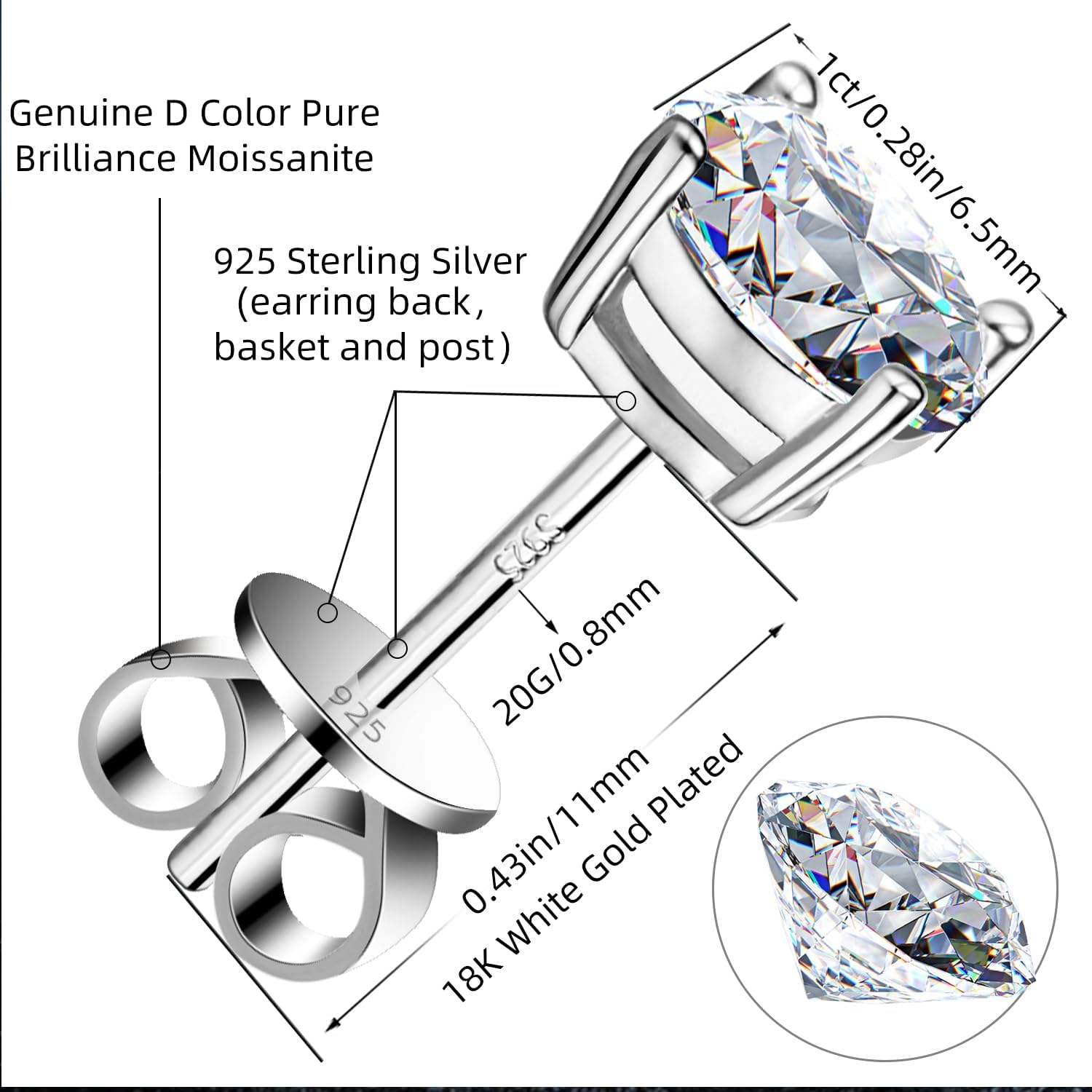 Moissanite Stud Earrings 2.0CT D Color,GRA 925 Sterling Silver Earrings for Men 18K White Gold Plating Earrings for Women,wedding earrings - Image 5