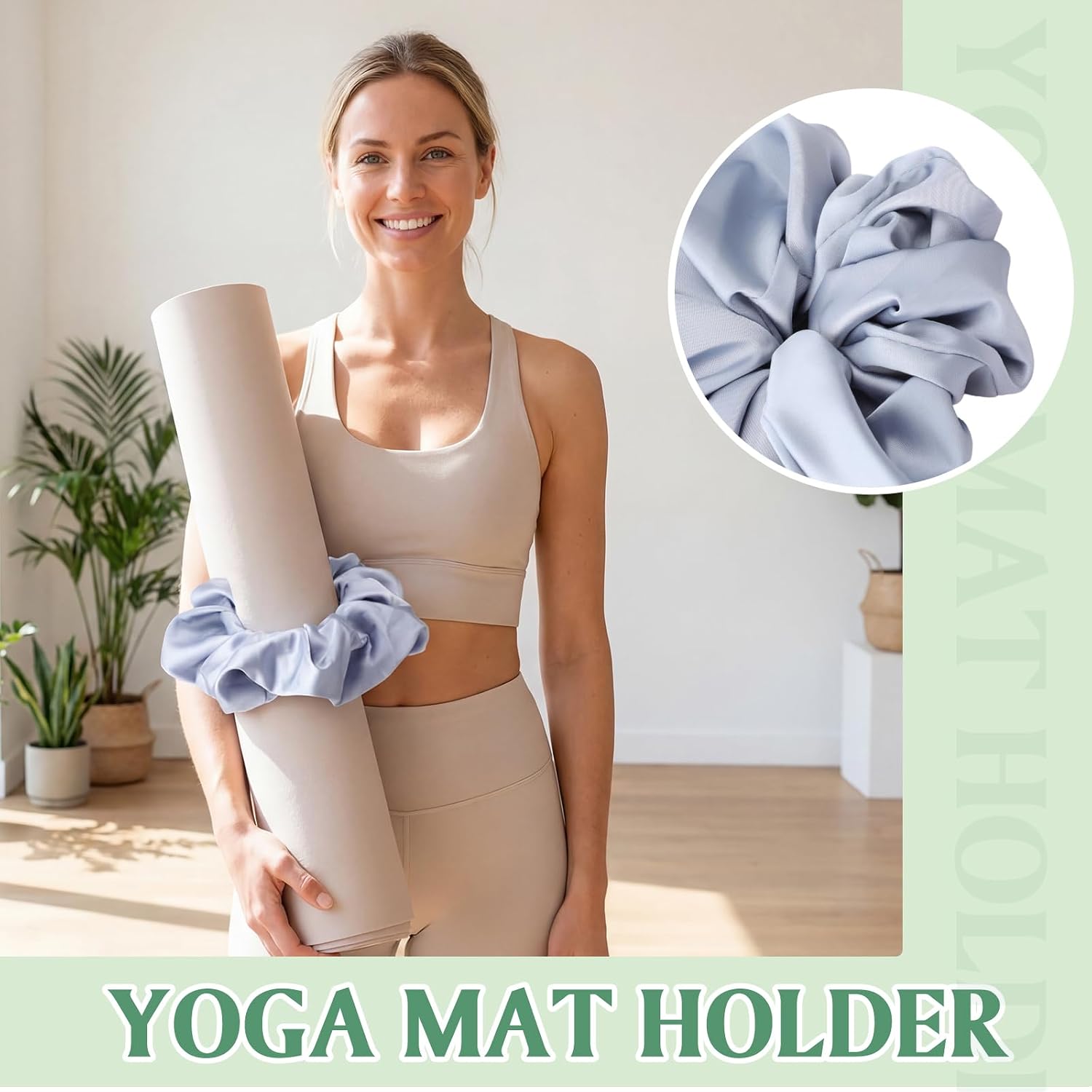 4 Pack Yoga Mat Scrunchie Elastic Strap Band - Durable & Stretchable Fabric - Fits All Standard Yoga Mats (Light Color,Satin)