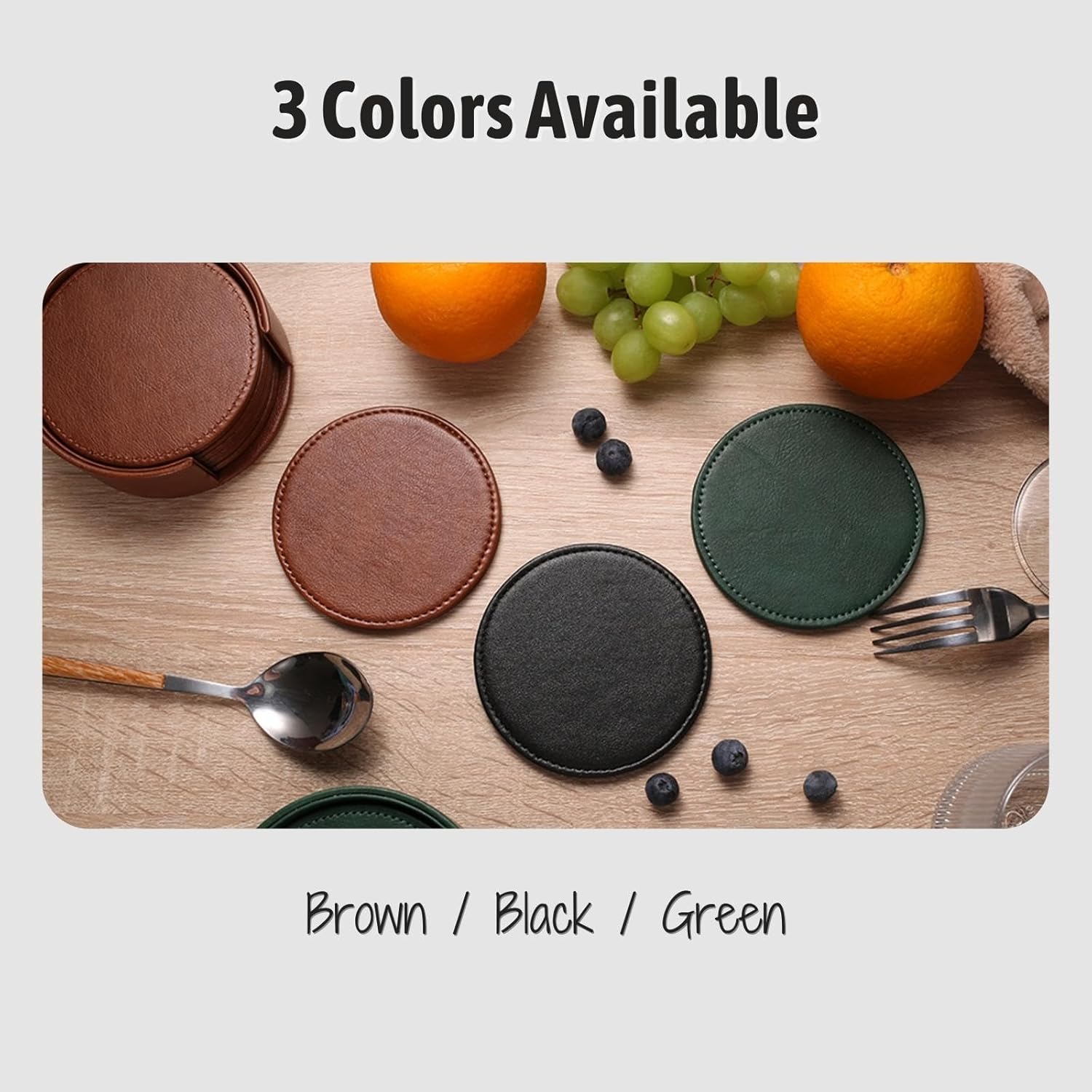 Drink Coasters with Holder, 4" Leather Coasters for Drinks Set of 6 for Tabletop Protection, Elegant Home Decor & Handmade Housewarming Gift - Brown