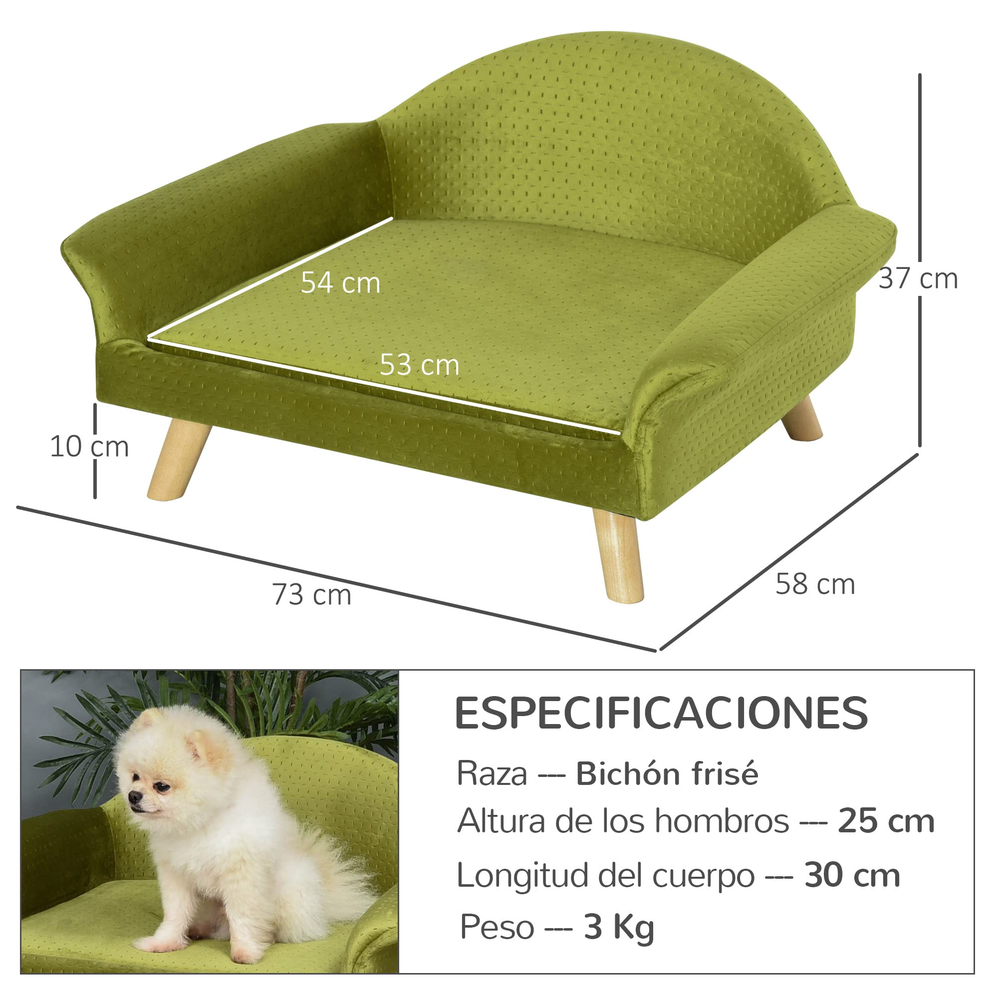PawHut Sofá Cama para Mascotas Sofá para Perros Gatos con Cojín Acolchado Extraíble Patas de Madera 73 x 58 x 37 cm Terciopelo Latón