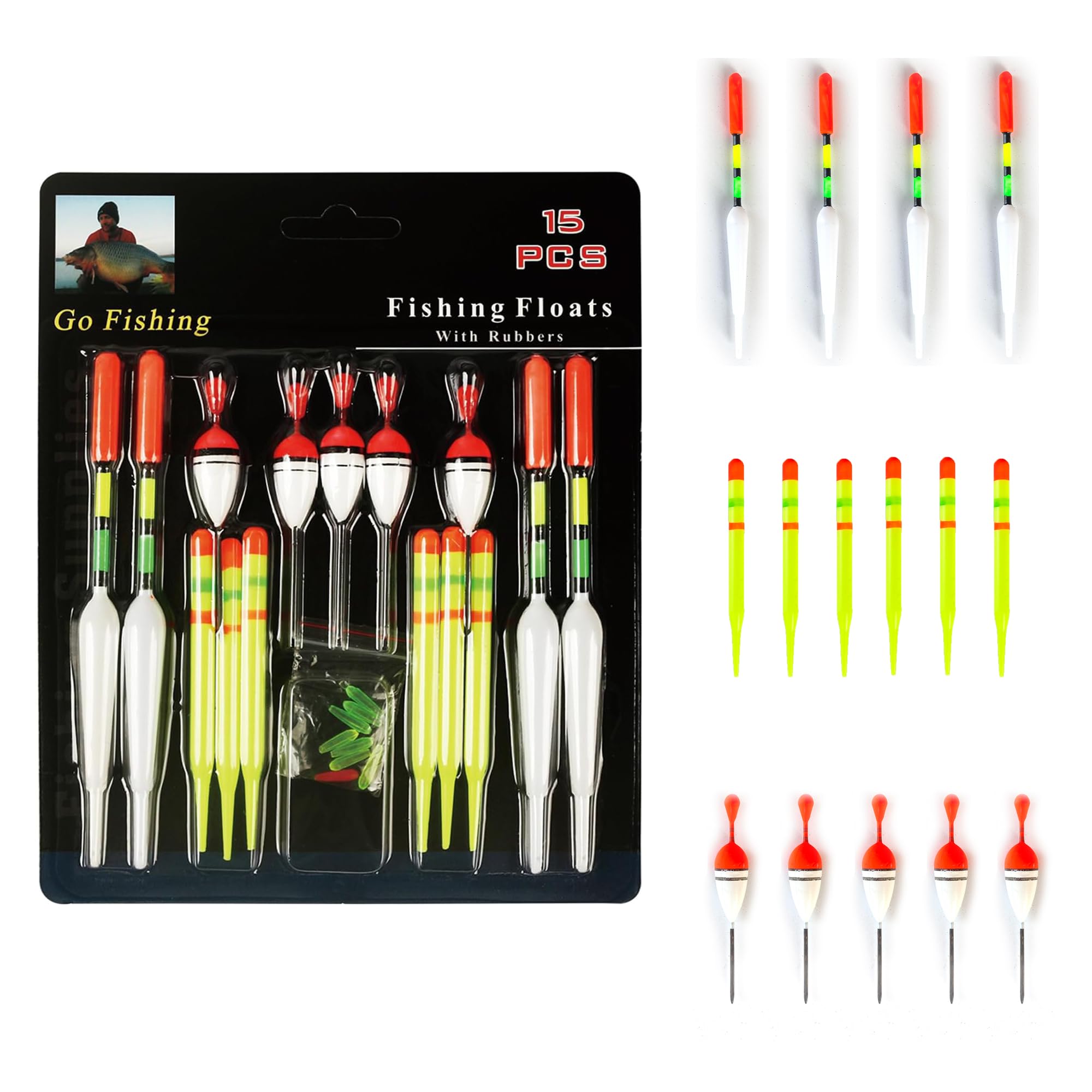 Lot De 15 Flotteurs De Pêche Avec Plombs - Tailles 8cm, 10cm, 15cm | Haute Visibilité Jaune Néon, Résistant Aux Chocs | Pour Truite, Sandre, Pêche En Mer Et Rivière - 5