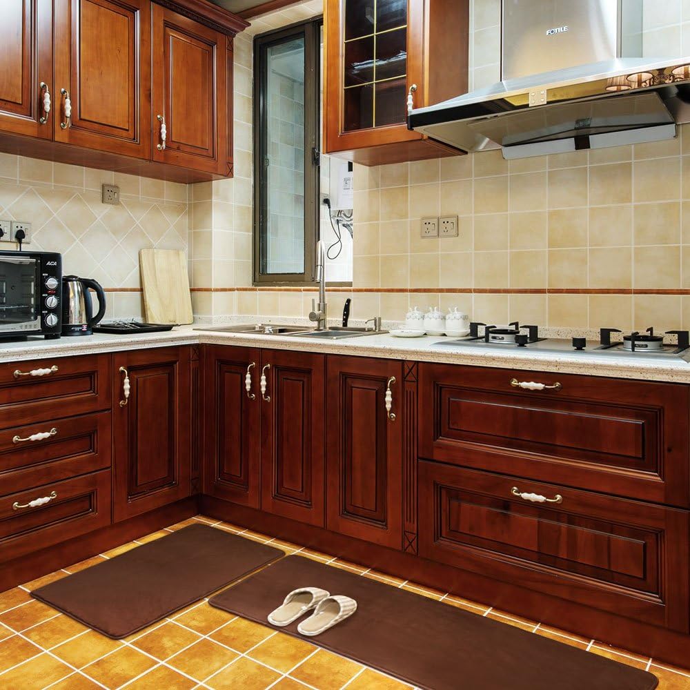 Kitchen Rug Set, LEEVAN Memory Foam Kitchen Comfort Mat Super Soft Rug Microfiber Flannel Area Runner Rugs Non-Slip Backing Washable Bathroom Rug Set of 2 Pcs-19"x31"+19"x63" (Brown)