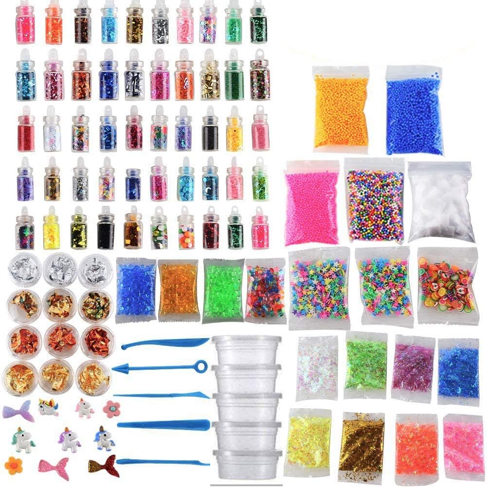 Koogel 149 Pcs Slime Supplies for Girls, Slime Kit with Glitter Slimes Supplies Slime Kit Glitter Gold Leaf Foam Balls Glitter Shake Jars Sugar Papers Tiny White Sponge Cube Slime Making Materials…