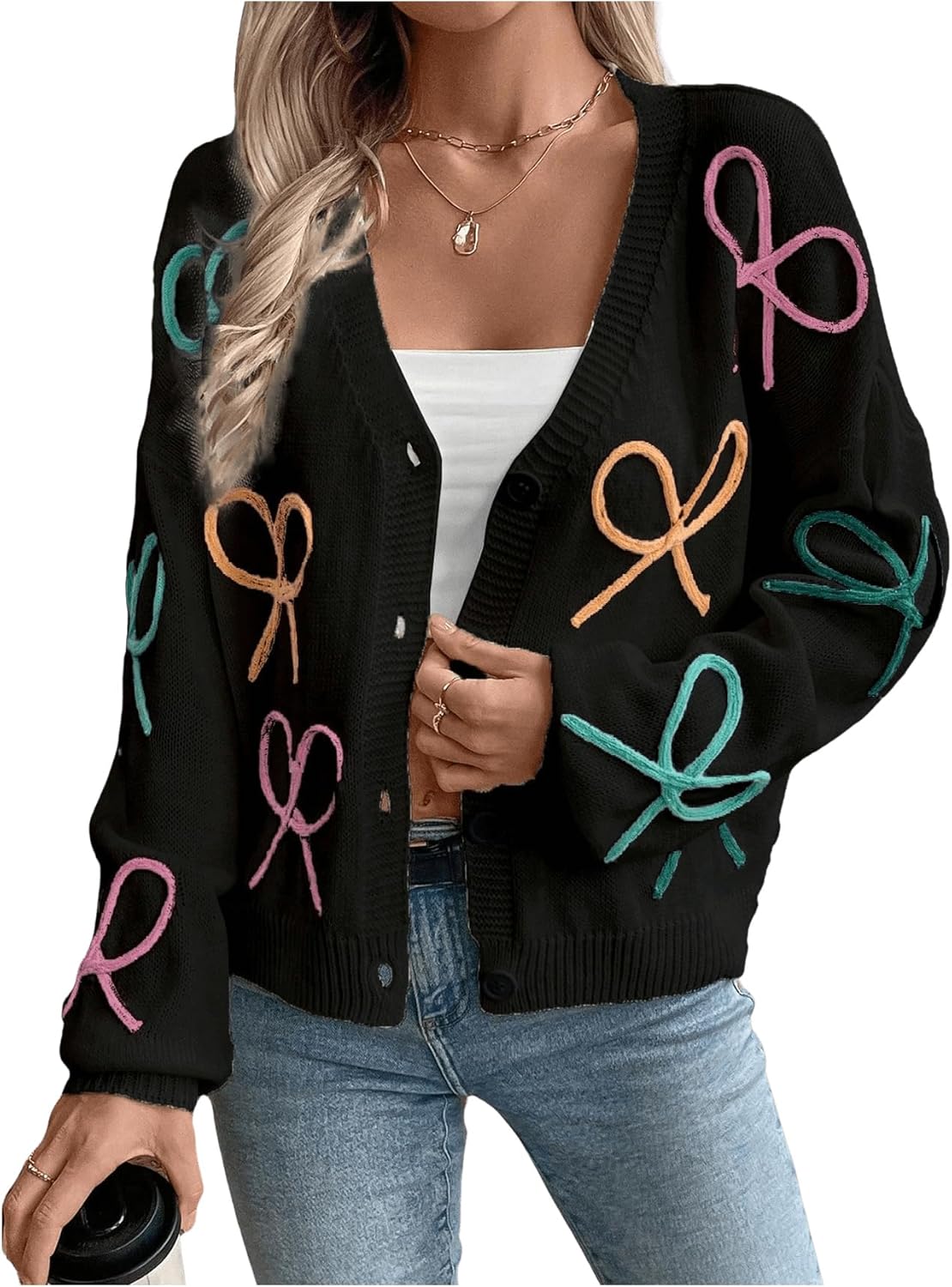 WDIRARA Women's Bow Cardigan Button Down V Neck Long Sleeve Drop Shoulder Knit Sweater