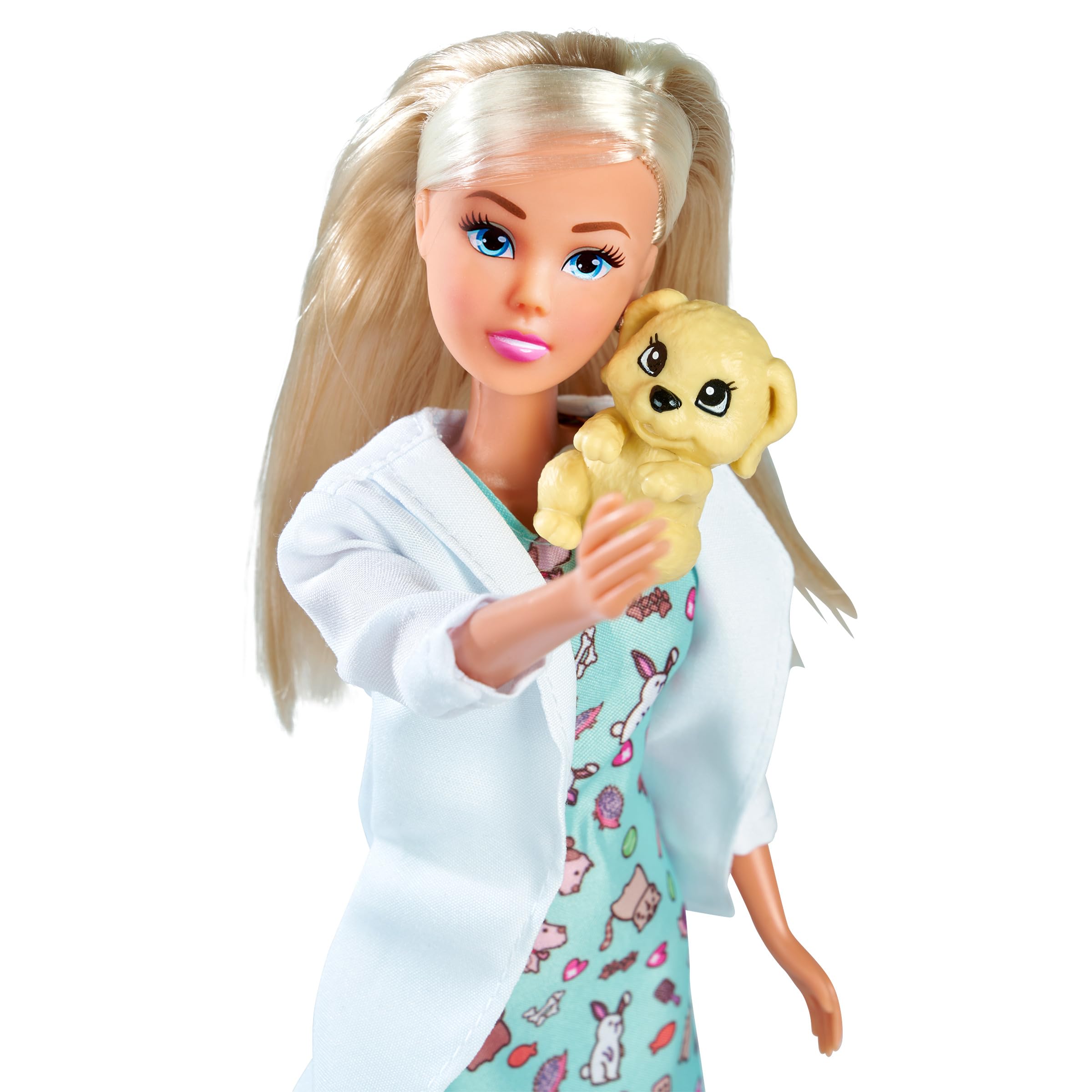 Steffi Love Vet Pet, lalka do zabawy jako weterynarz, opiekuje się małym psem, z torbą do noszenia, miską i kością, 29 cm, od 3 lat