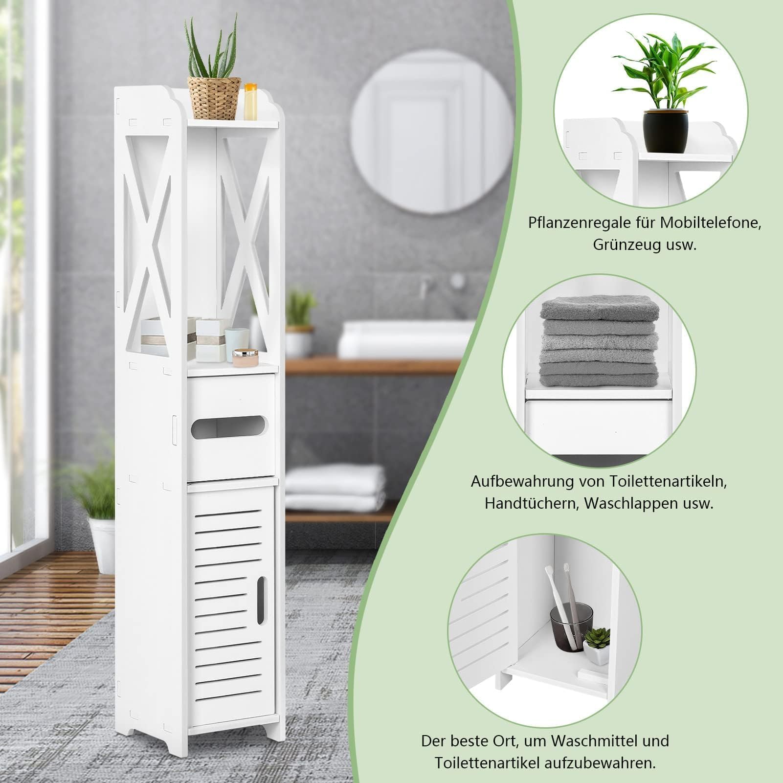Armadietto da Bagno Salvaspazio 15x15x80cm, Mobile Bagno Stretto Impermeabile in PVC, Colonna Bagno Slim con Cassetto e Ripiani, Mobiletto Bagno Bianco per WC Cucina Camera