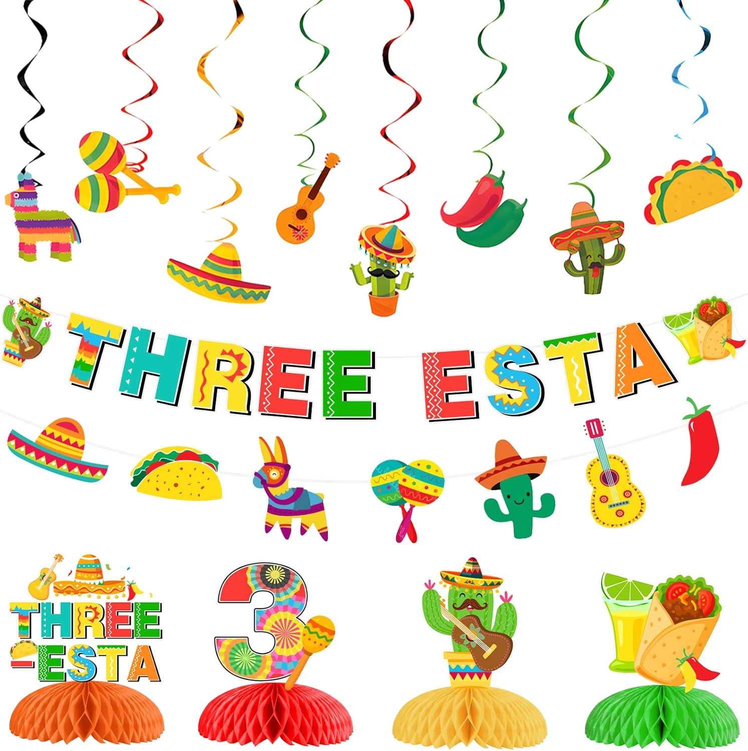 Mexican 3rd Birthday Decorations for Boys Girls, Three Esta Birthday Banner, Honeycomb Centerpieces, Fiesta Banner Hanging Swirls, Mexican Fiesta Theme Party Supplies