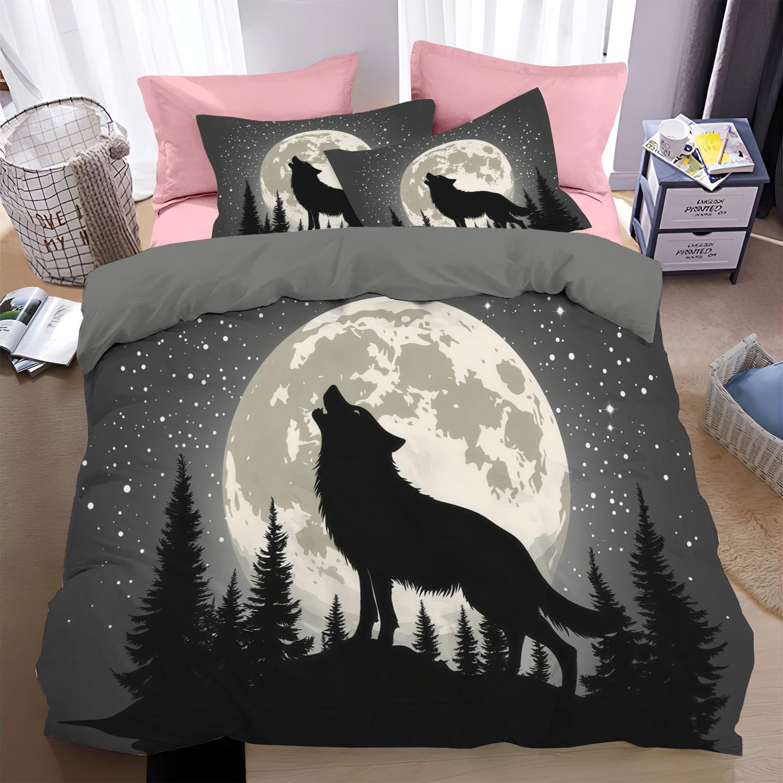 Housse de couette 240x260 cm loup bohémien pour parure de lit ado et enfant