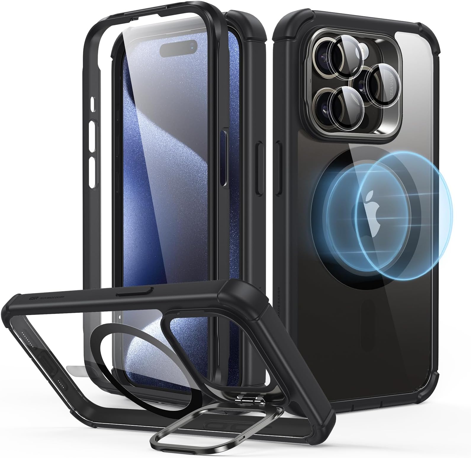 ESR Armor Tough Case with Stash Stand (HaloLock), Compatible with iPhone 15 Pro, Clear Black