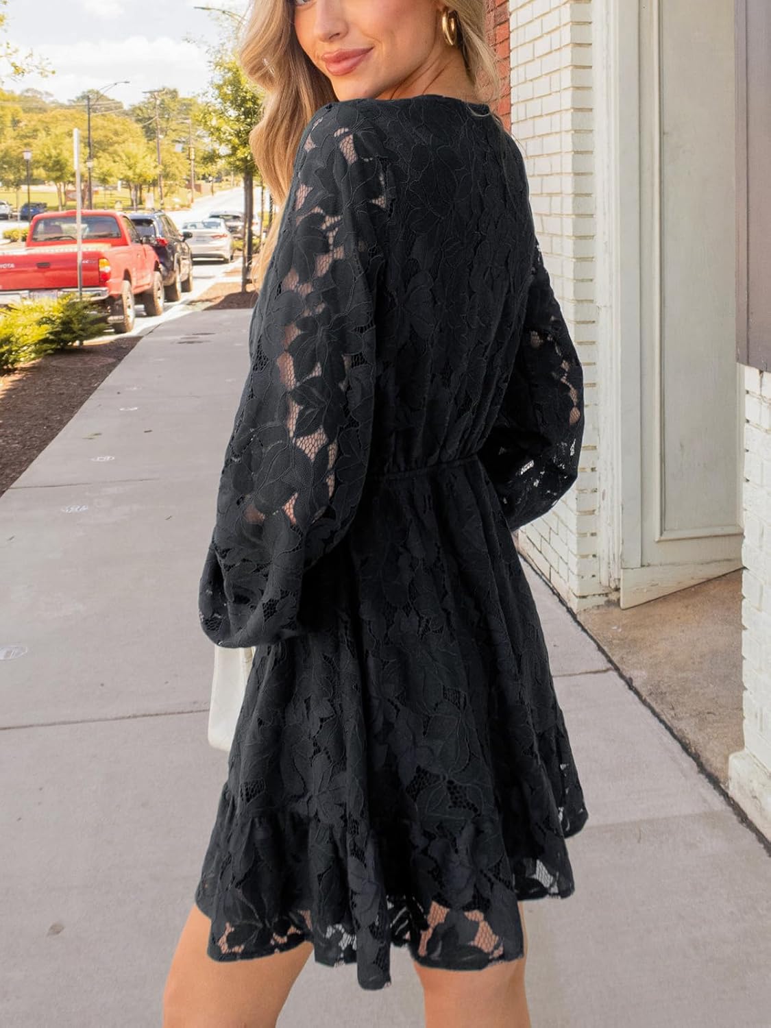 CUPSHE Women Elegant V Neck Lace Peasant Sleeve Mini Summer Dress Elastic High Waist A Line Casual Wedding Guest Dress - Image 2