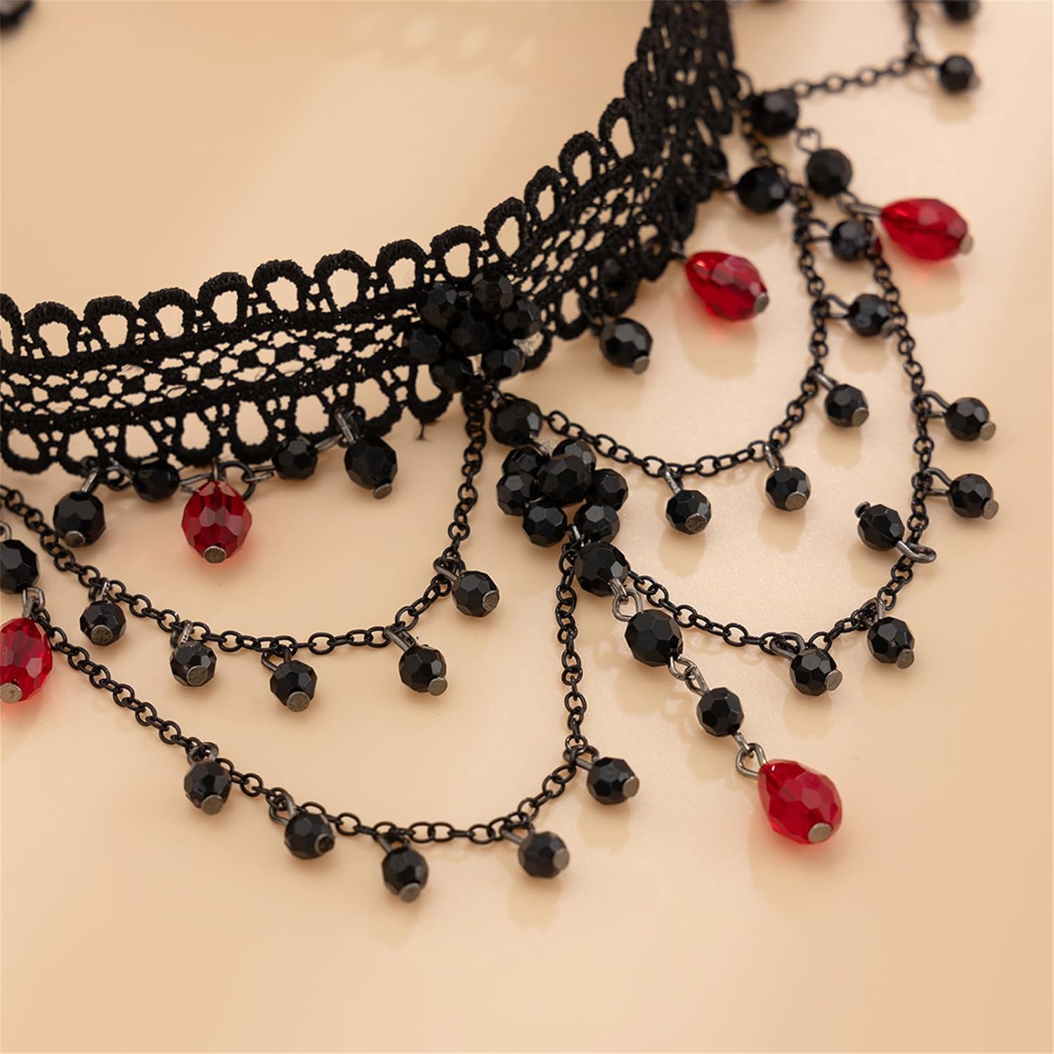 Gothic Blood Drop Fringe Necklace,Vintage Crystal Blooddrip Choker Punk Style Multi-layered Pearl Beaded Necklaces Goth Vampire Clavicle Halloween Jewelry Decorations - Image 3