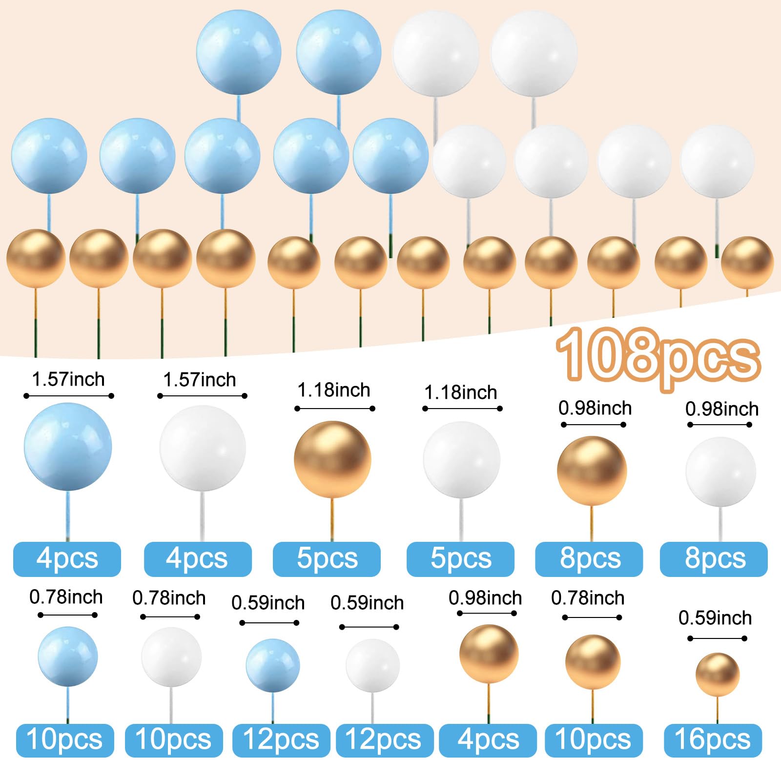40 Stück Hellblaue Kugel-Cupcake-Topper In 4 Größen (2-4 Cm) – Aus Schaumstoff & Draht, Für Geburtstag & Babyparty