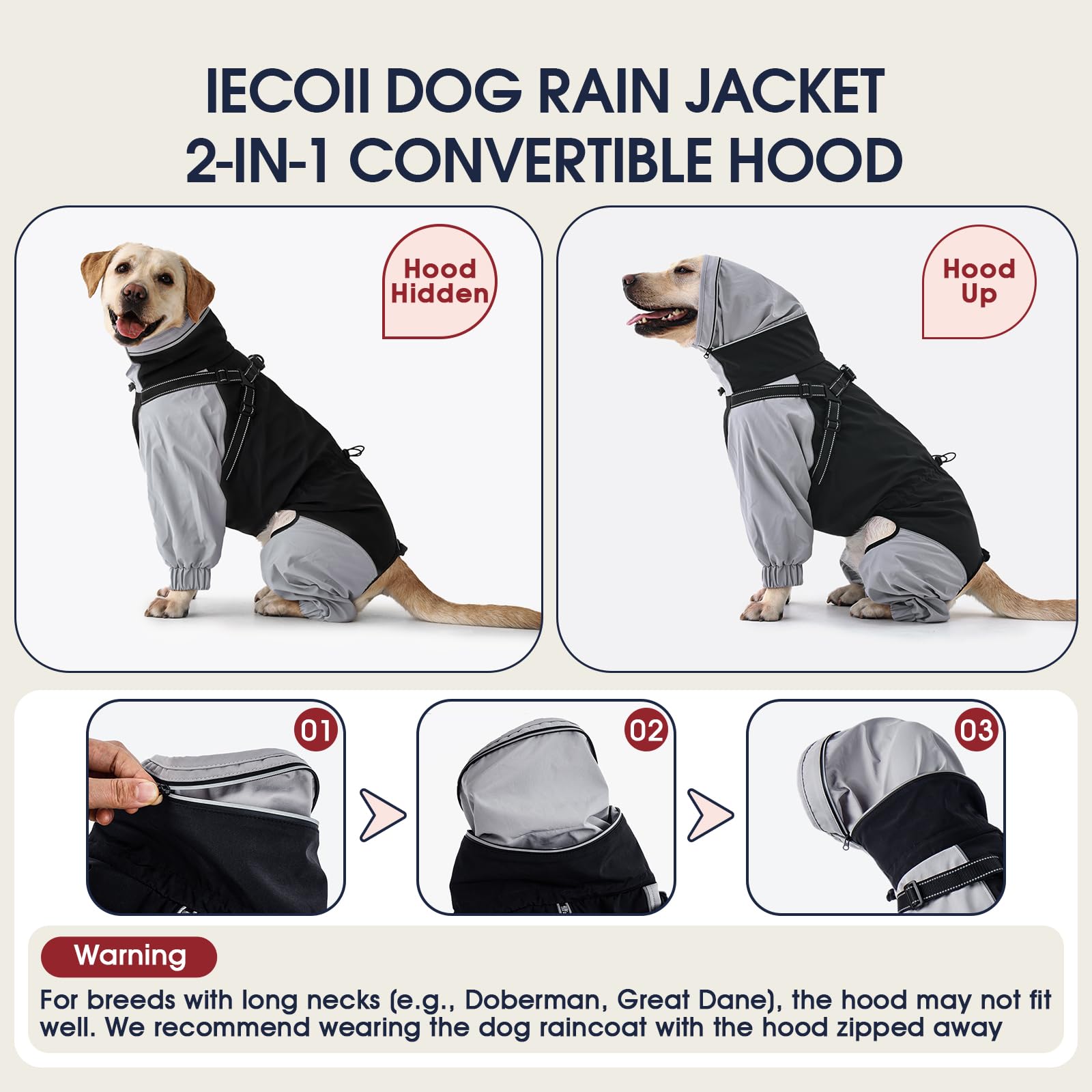 IECOii Hundejacke wasserdicht kleine Hunde Full-Body 4-Leg mit versteckter Kapuze,Reißverschluss und Built-in Harness – Hundejacke Regen,wasserabweisend,leicht,atmungsaktiv,Outdoor,Spaziergänge