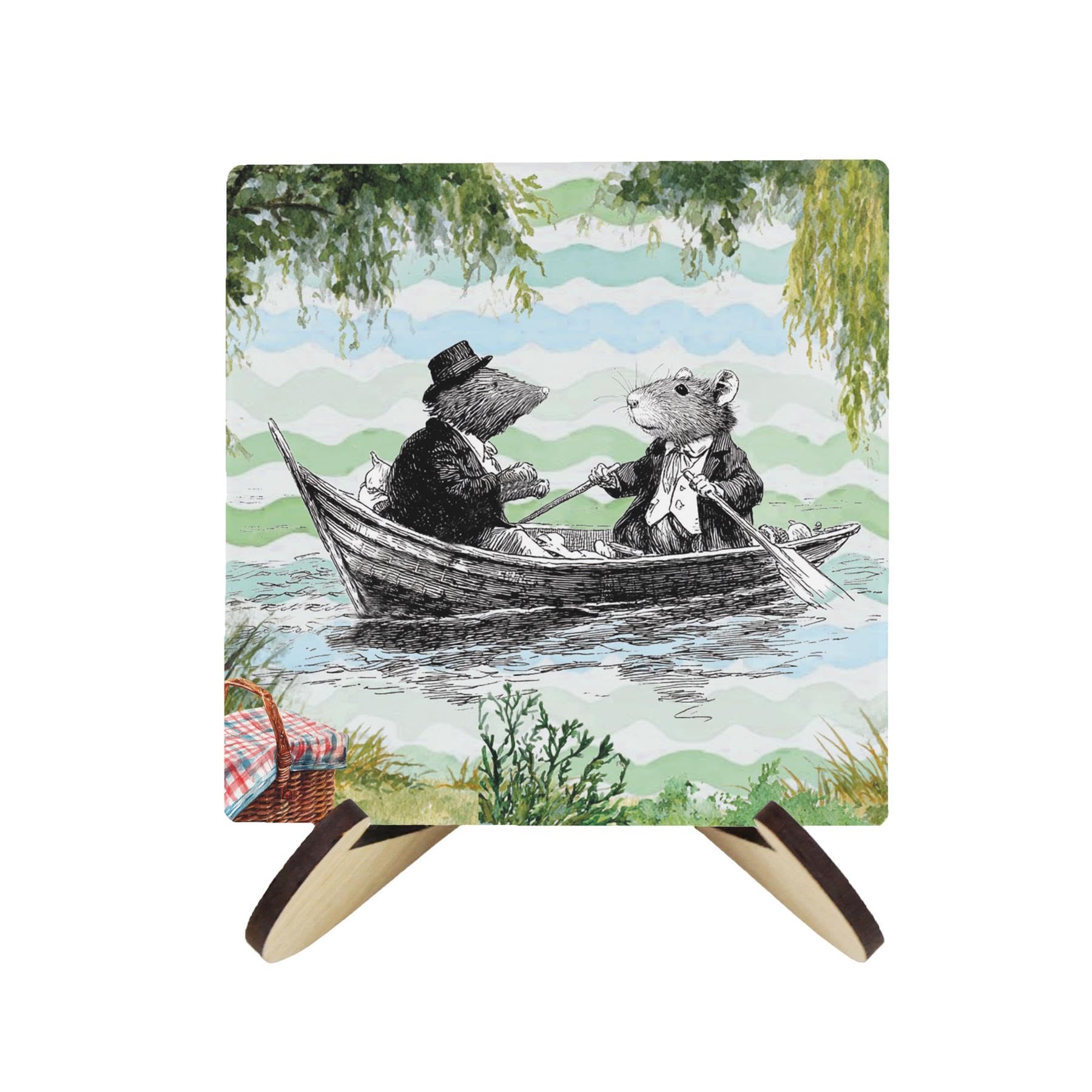 Purely Home Wind In The Willows Ceramic Coaster Set - Storybook Inspired Gifts - Square Drinks Coasters 4 Pack & Wood-Effect Coaster Stand