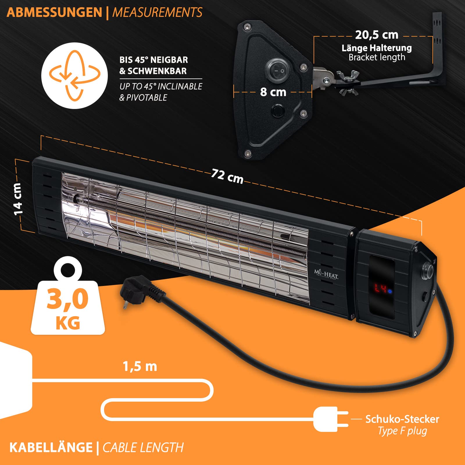 Mi-Heat Promiennik podczerwieni WIH-2300R, 2300 W, 4 stopnie ogrzewania, pilot zdalnego sterowania, metalowa obudowa, IP65 Outdoor