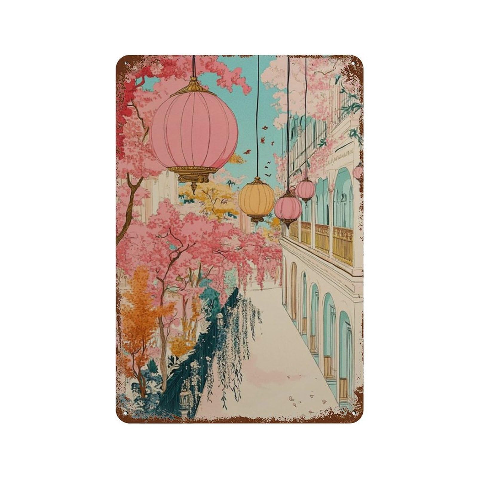 xiaoxiaoshen Asian Garden Lantern Cherry Blossom Street Oriental Architecture Scene Pastel Tr Wall Decor Art Metal Tin Poster Modern Home Decor Art Home Bar Shop Decorations Vintage Sign 30x20cm