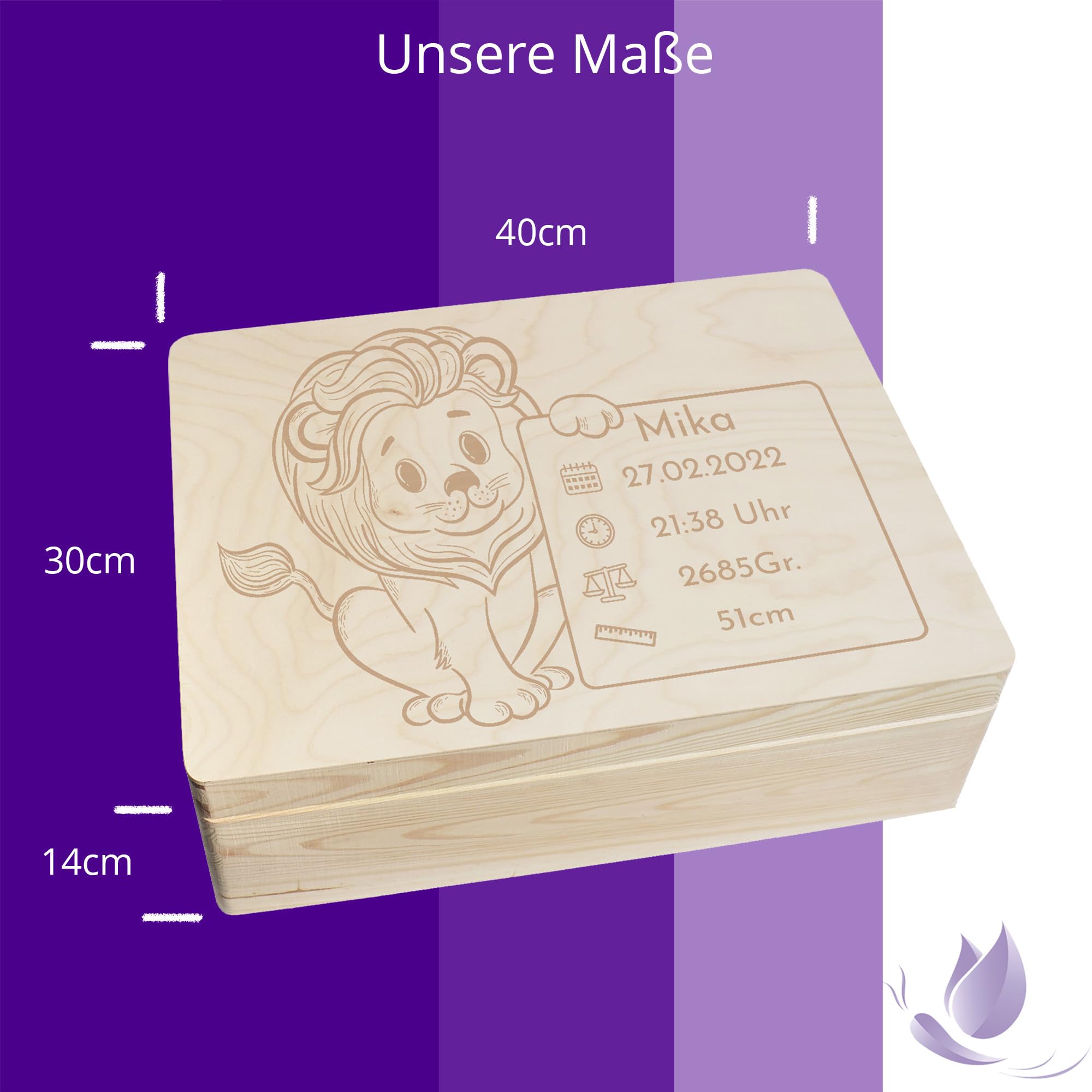 Scatola dei ricordi personalizzata per neonati e bambini con incisione a leone, scatola in legno per bei ricordi, 40 x 30 x 14 cm