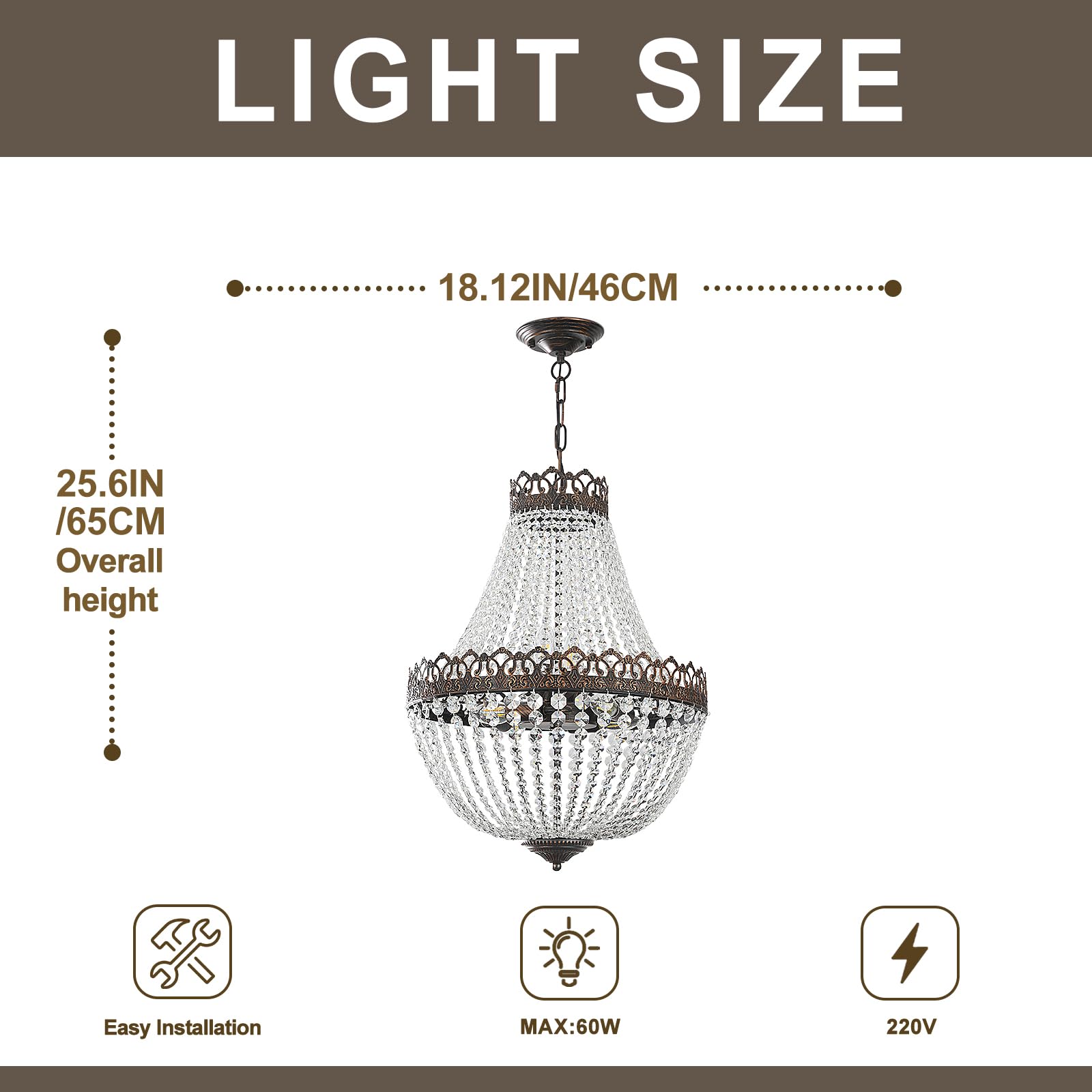Kronleuchter Kristall Vintage,E14 Lüster Chandelier mit Verstellbarer Kette 100cm,6-Licht Pendelleuchte Esstisch,Antik Schwarz-Gold Deckenlampe Hängend for Hängelampe Esstisch,60W,Ø46cm.