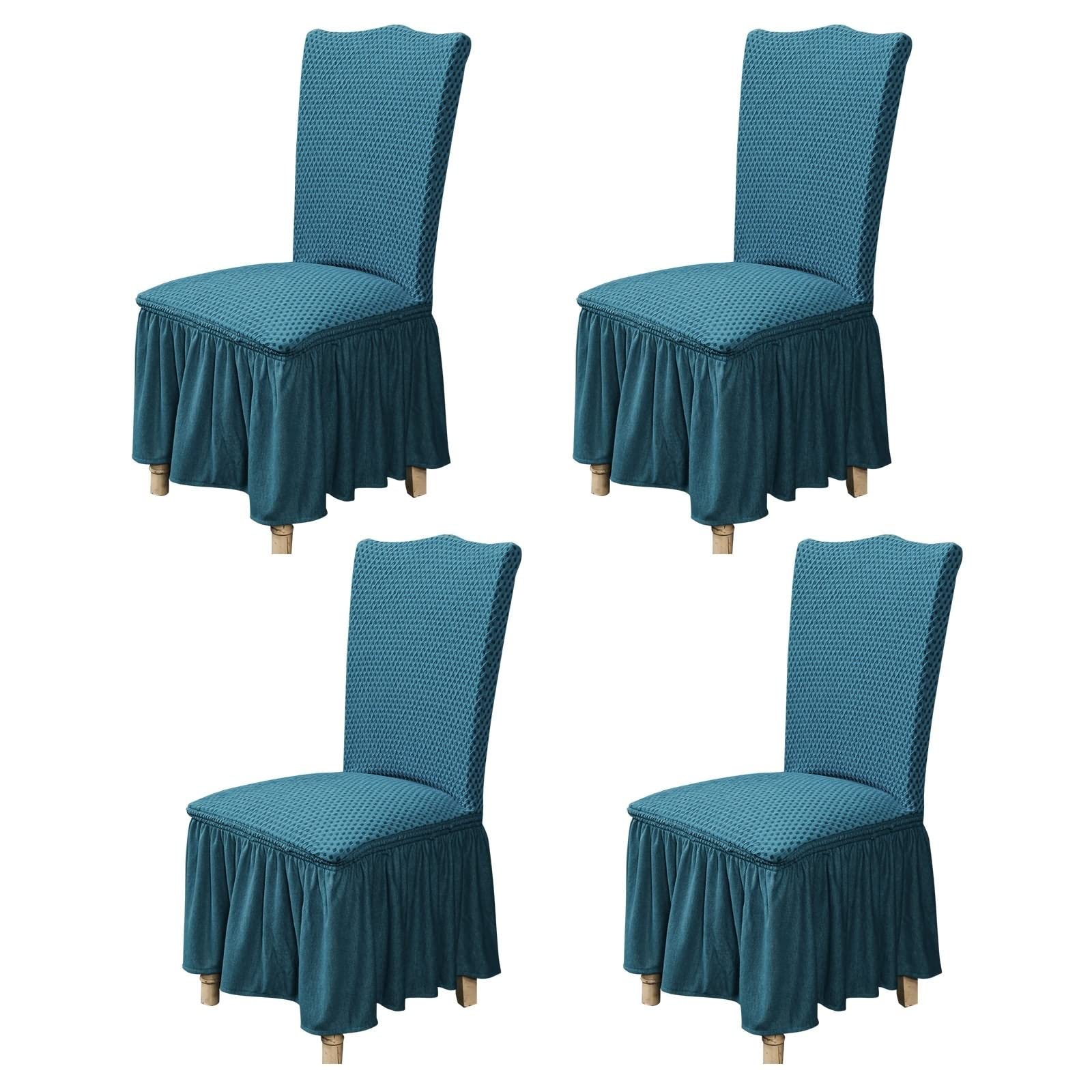 Housses chaises salle à manger 4 pièces tissu extensible bleu avec jupe plissée
