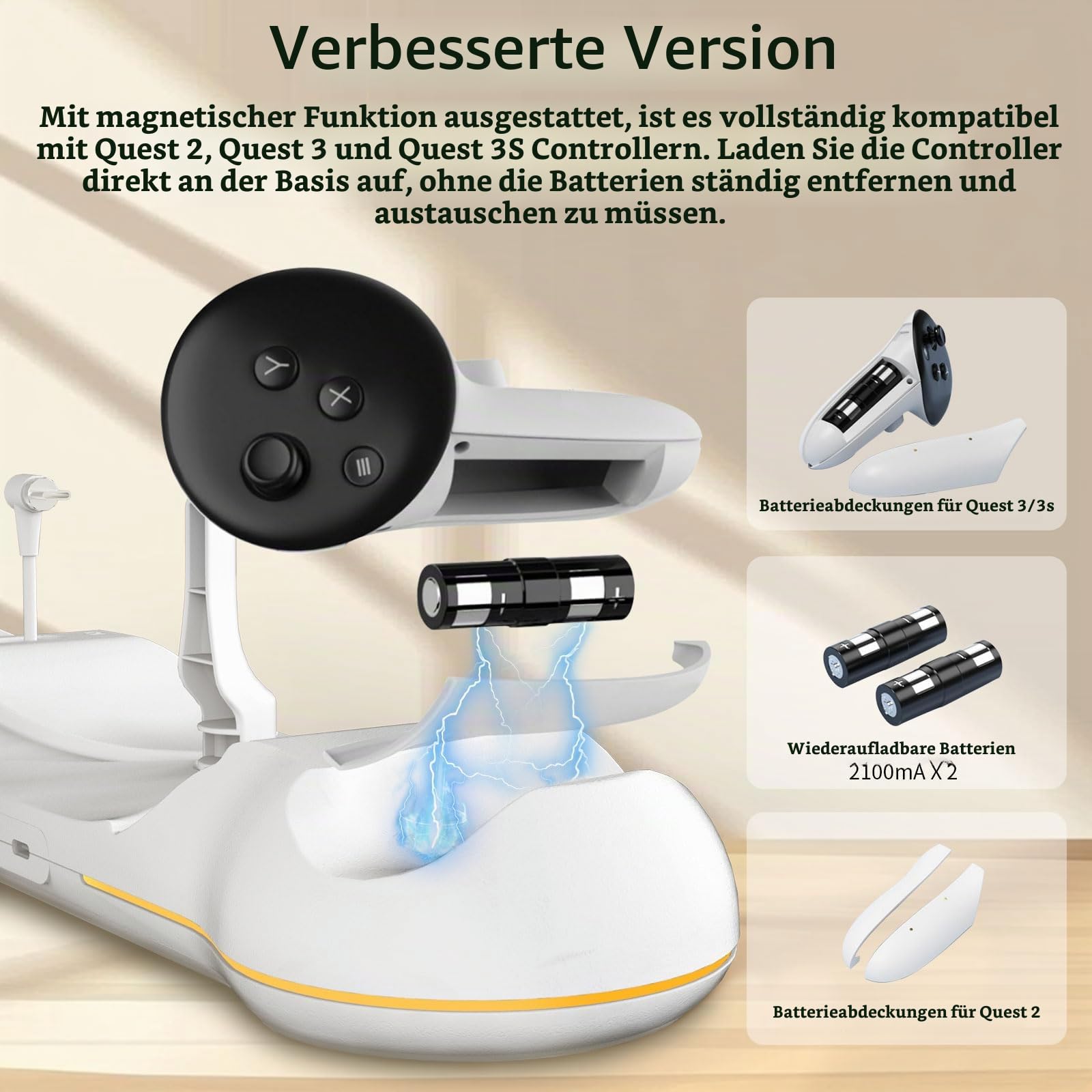 Ladestation für Meta Quest 3/3S/2, Magnetische VR-Station mit Schnellladung, USB-Ausgang, RGB-Beleuchtung, 2 wiederaufladbare 2100mAh-Batterien, Zubehör für Oculus Quest Headset und Controller