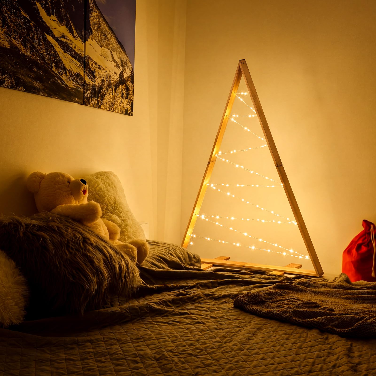 Tuanse Grand sapin de Noël lumineux en bois de 1,2 m avec fil de cuivre de 20,1 m, cadre en bois lumineux rustique pour cheminée, porche, cour, terrasse, jardin, piles non incluses