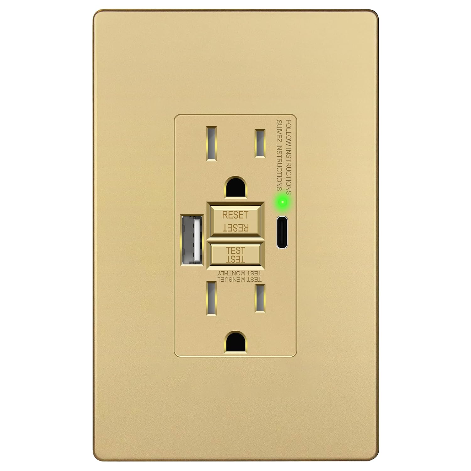 LIDER 15A GFCI USB Outlet, Tamper-Resistant, Self-Test, 4.2A USB A&C, LED Indicator, ETL Listed, Anti-Interference (No-False-Trip) Protection, Screwless Wall Plate, Gold