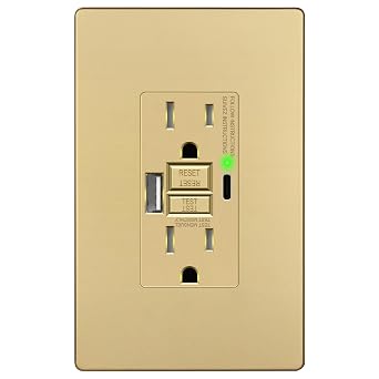 LIDER 15A GFCI USB Outlet, 4.2A USB A&C, Self-Test, ETL Listed, Matte Gold | Tamper-Resistant, Ground Fault Protection, LED Indicator, No-False-Trip Performance, Screwless Wall Plate, Anti-Interference