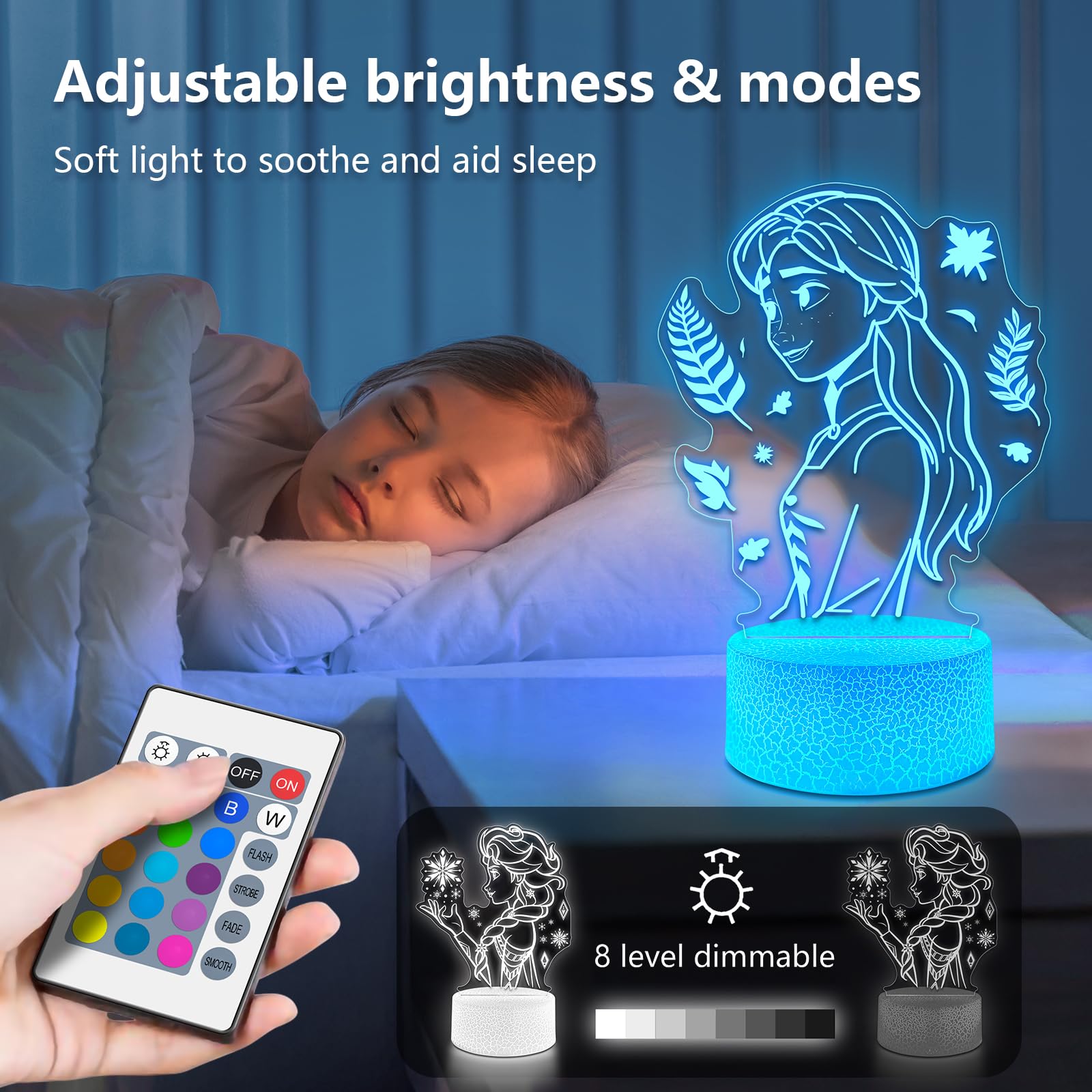 Niedliches Nachtlicht für Kinder [2er-Set] 16 Farben ändern Prinzessinnen-Dekor-Lampe mit Fernbedienung, dimmbar für Mädchenzimmer, 3D-Illusion, LED-Nachtlichter, ideales Geschenk für Mädchen