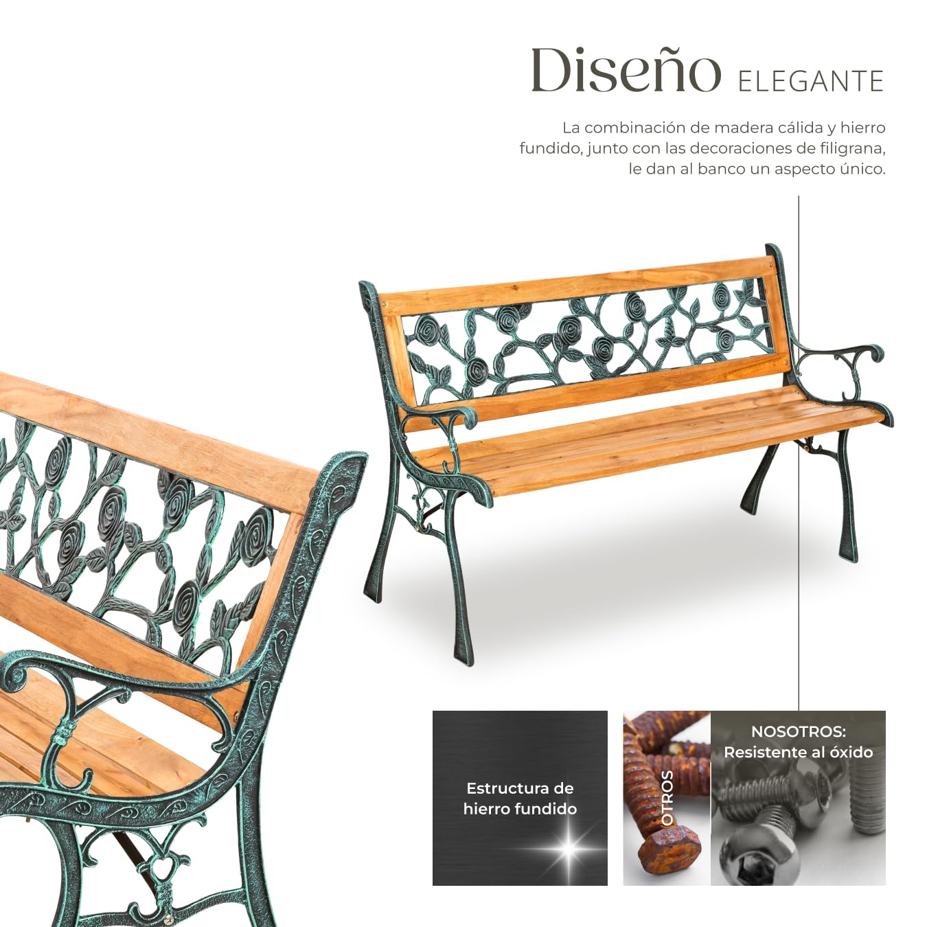 tectake® Banco de Jardín Exterior, Madera Lacada y Hierro Fundido, Diseño Elegante, Resistente y Estable, Patio y Terraza - Floral