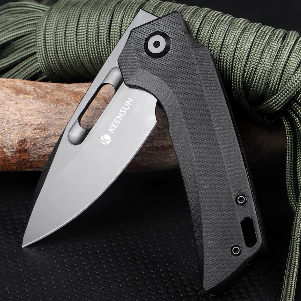 KEENSUN Pocket Folding Knife with Black G10 Handle and D2 blade–Tactical Knife,Hunting Knife,EDC Knife.Thumb stud Assisted Opening Knifes with Liner Lock and Pocket clip.Good for Camping, Hiking, Indoor and Outdoor Activities.