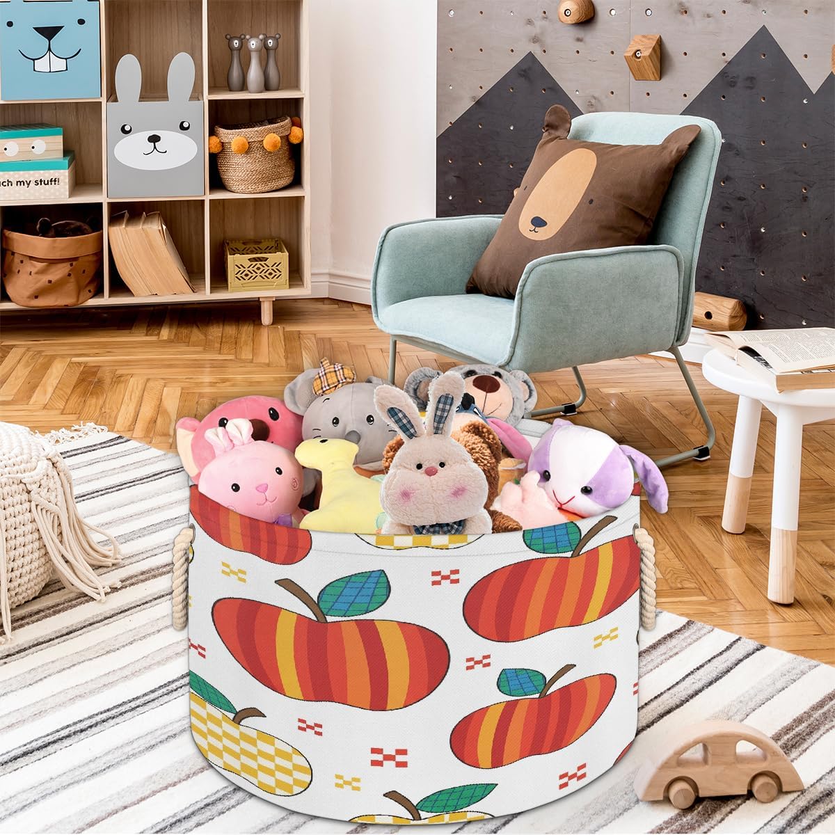 Large Storage Baskets - Retro Apples Checkered Nursery Round Collapsible Organizer Bin Box, Laundry Hamper for Kids Toys, Blanket, Bedroom Living Room Home Decor, Gift Basket, 19.4"x13.3"