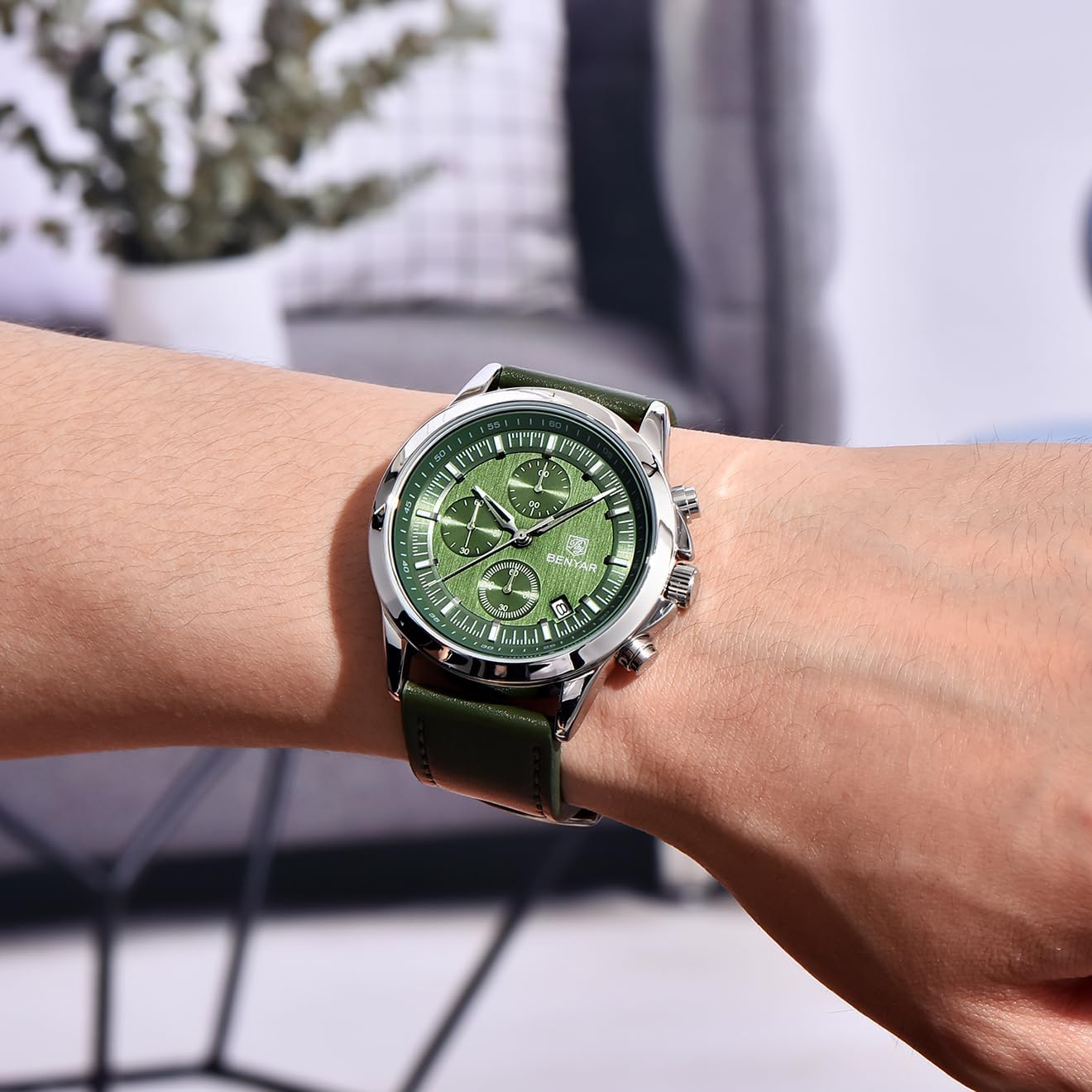 BENYAR Mens Watches Analog Quartz Chronograph Waterproof Wrist Watches for Men Luminous Fashion Business Casual Sport Elegant Dress Watch with Calendar Stainless Steel/Leather Strap - Image 2