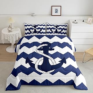Kids Nautical Anchor Comforter Set, Navy Blue Wave Line Bedding 2Pcs for Boys Girls Adults, Sea Ocean Adventure Theme BeddingÂ ComforterÂ Sets Modern Abstract Geometry Quilt with 1 Pillowcase, Twin