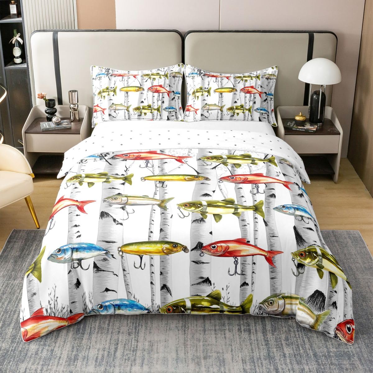 Loussiesd Copripiumino con ami da pesca spinati, 100% cotone, king size, caccia e pesca, per ragazzi e ragazze, set di biancheria da letto colorato, 3 pezzi, decorazione per la stanza dei pescatori